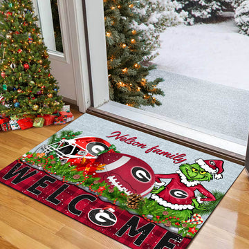 Georgia Bulldogs Football Team Doormat Personalized Your Family Name, Sport And Grinch Doormat, Football Lovers Gifts, Home Decorations ETHY-53152