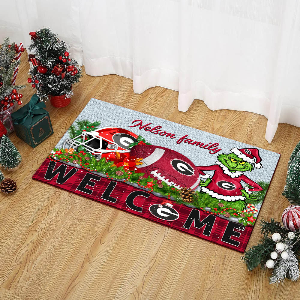 Georgia Bulldogs Football Team Doormat Personalized Your Family Name, Sport And Grinch Doormat, Football Lovers Gifts, Home Decorations ETHY-53152