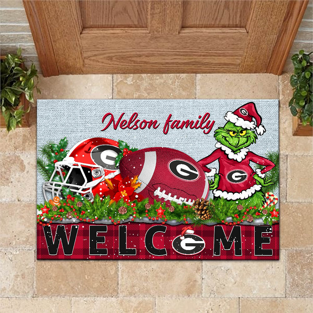 Georgia Bulldogs Football Team Doormat Personalized Your Family Name, Sport And Grinch Doormat, Football Lovers Gifts, Home Decorations ETHY-53152
