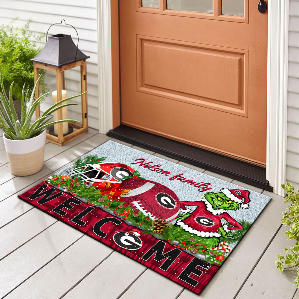 Georgia Bulldogs Football Team Doormat Personalized Your Family Name, Sport And Grinch Doormat, Football Lovers Gifts, Home Decorations ETHY-53152