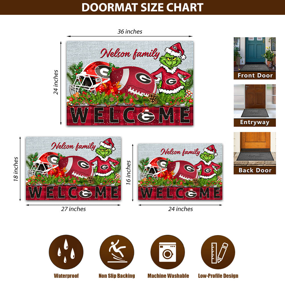 Georgia Bulldogs Football Team Doormat Personalized Your Family Name, Sport And Grinch Doormat, Football Lovers Gifts, Home Decorations ETHY-53152