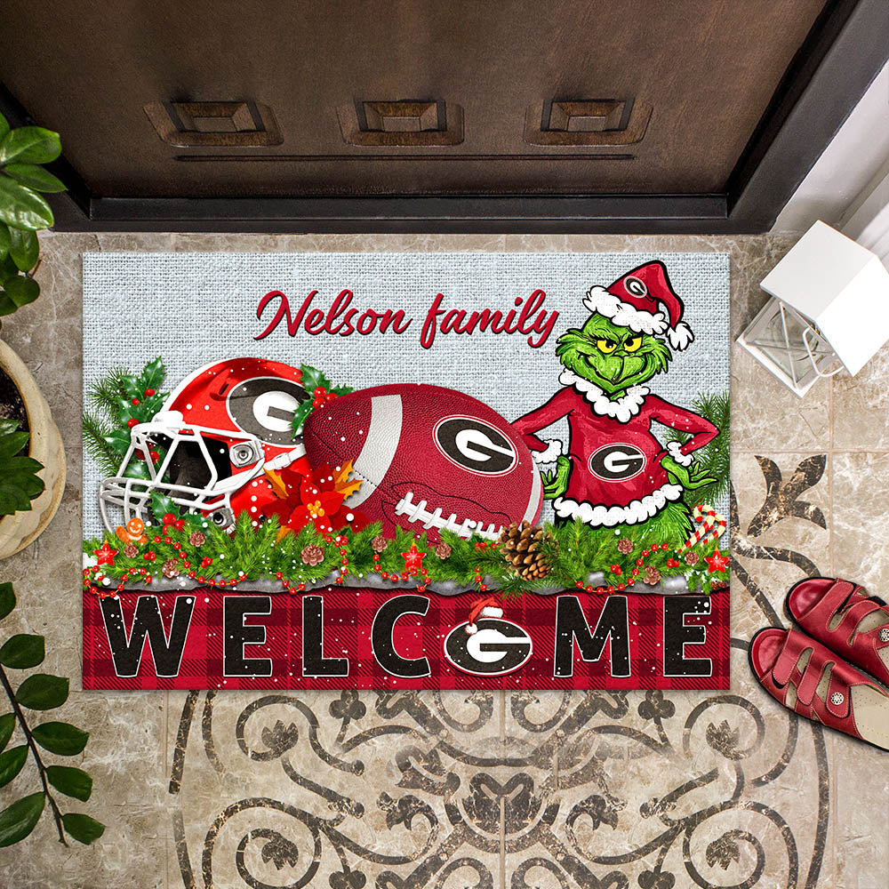 Georgia Bulldogs Football Team Doormat Personalized Your Family Name, Sport And Grinch Doormat, Football Lovers Gifts, Home Decorations ETHY-53152