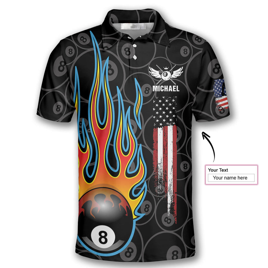 Billiards Pool Flame 8 Ball USA Flag Custom Billiard Shirts for Men, Custom Billiard Shirts for Team, Billiard Polo Shirts