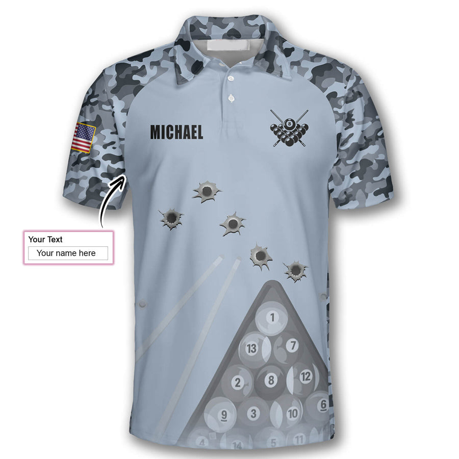 Billiard Grey Camouflage Gun Holes Custom Billiard Shirts for Men, Custom Billiard ball for Team, Men's Billiard Polo Shirts