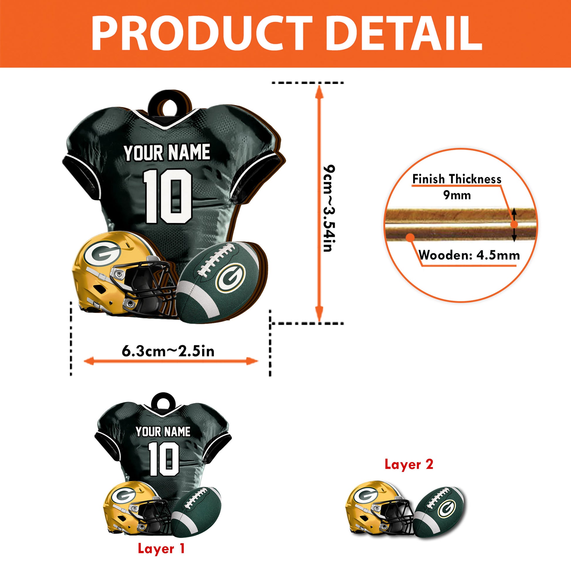 Green Bay Packers 2 Layered Piece Wooden Ornament Custom Name And Number, Sport Team Ornament, Sport Gifts ETRG-52175