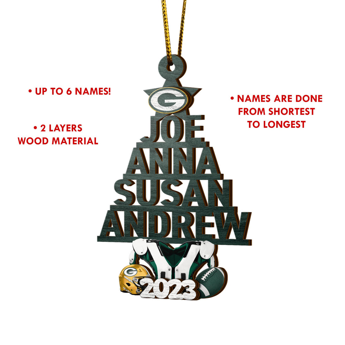 Green Bay Packers 2 Layered Piece Wooden Ornament Custom Names And Choose Number Of Names, Sport Team And Christmas Tree Ornament ETRG-52211