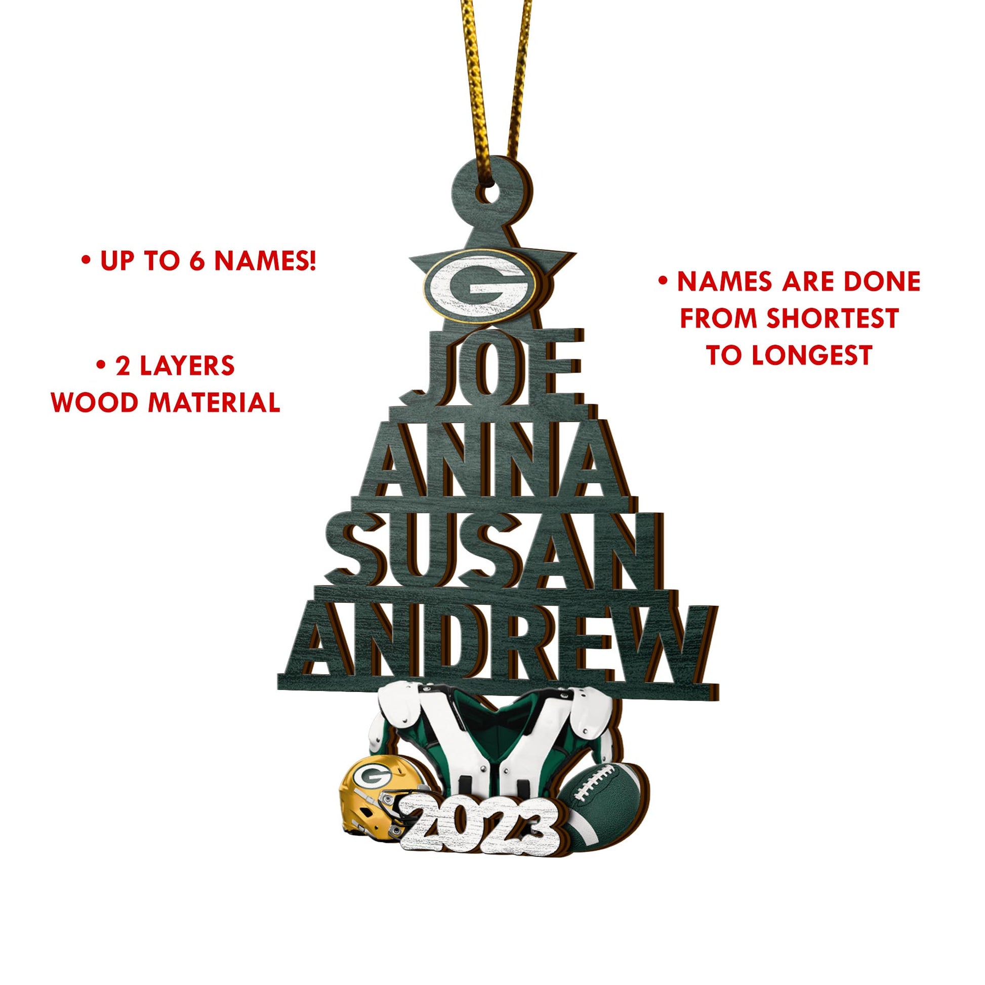 Green Bay Packers 2 Layered Piece Wooden Ornament Custom Names And Choose Number Of Names, Sport Team And Christmas Tree Ornament ETRG-52211