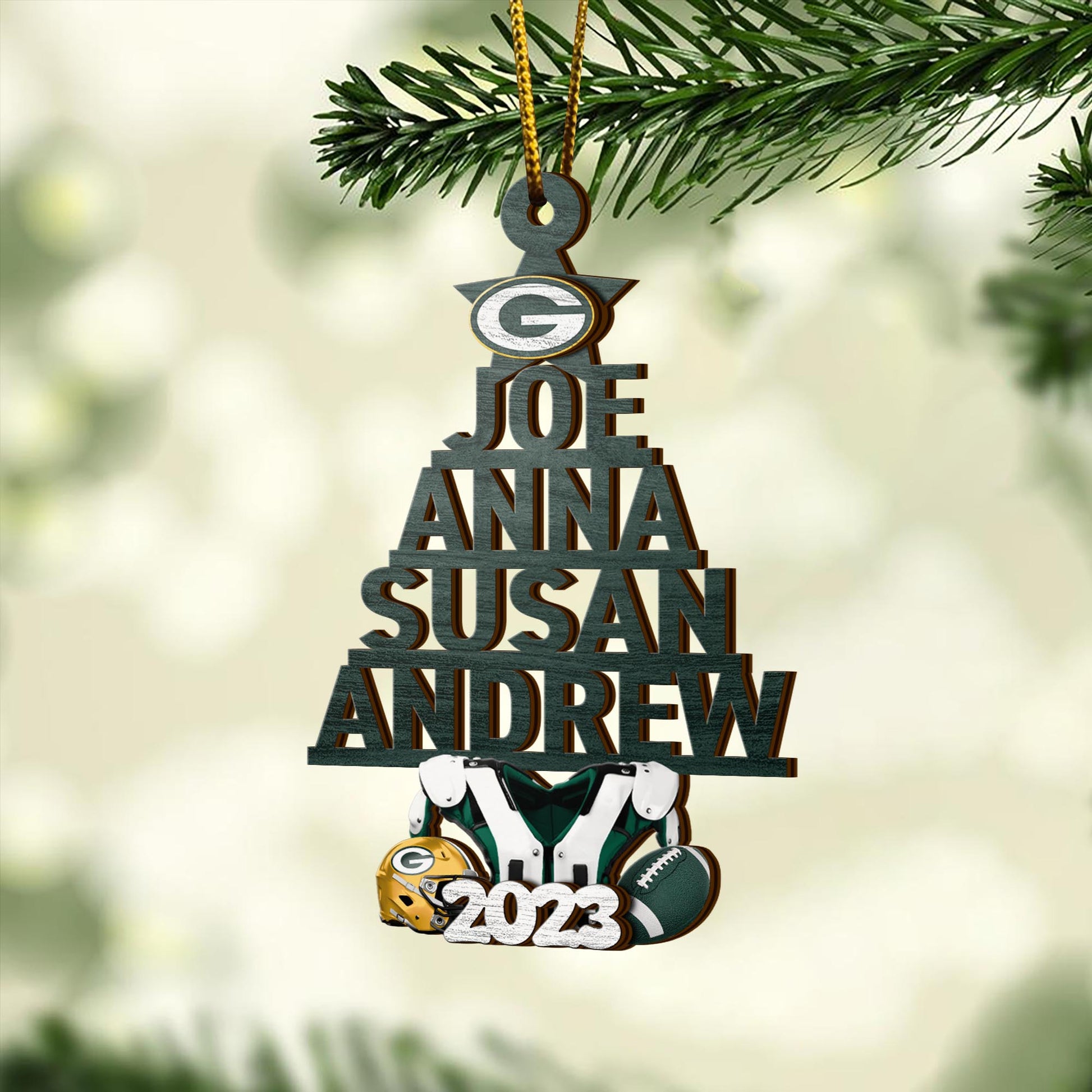 Green Bay Packers 2 Layered Piece Wooden Ornament Custom Names And Choose Number Of Names, Sport Team And Christmas Tree Ornament ETRG-52211