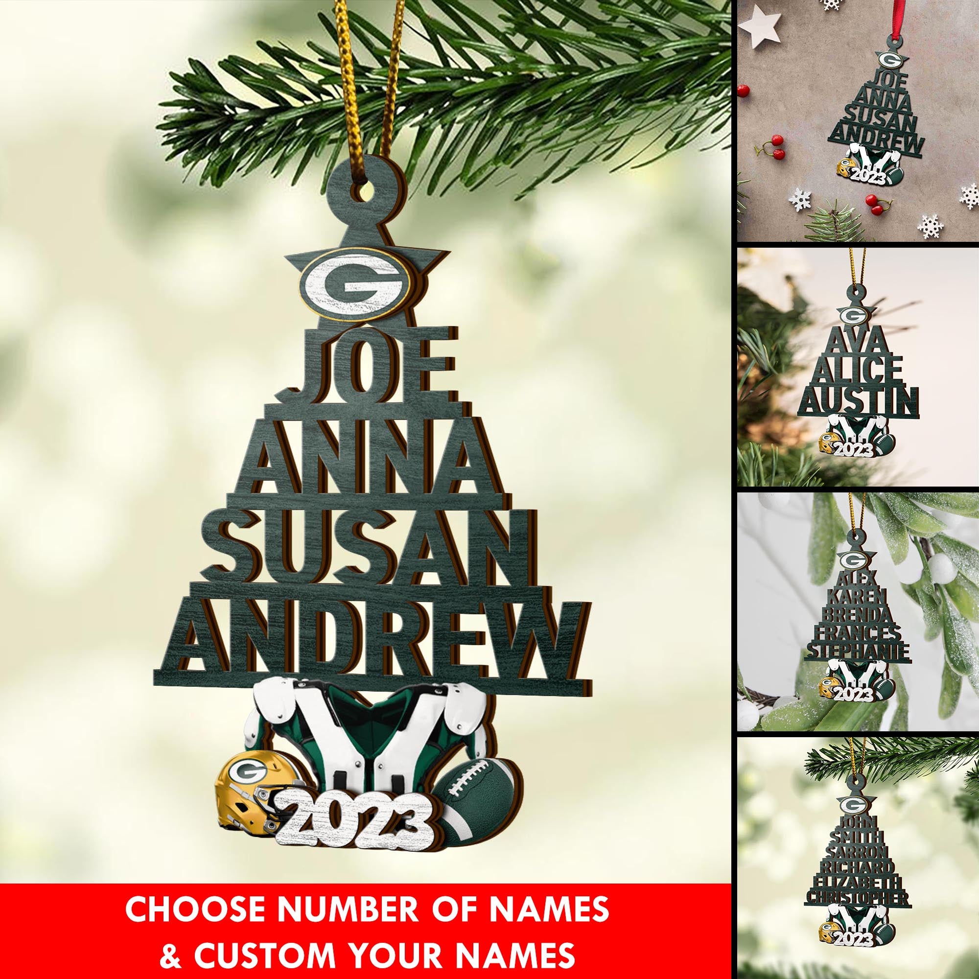 Green Bay Packers 2 Layered Piece Wooden Ornament Custom Names And Choose Number Of Names, Sport Team And Christmas Tree Ornament ETRG-52211