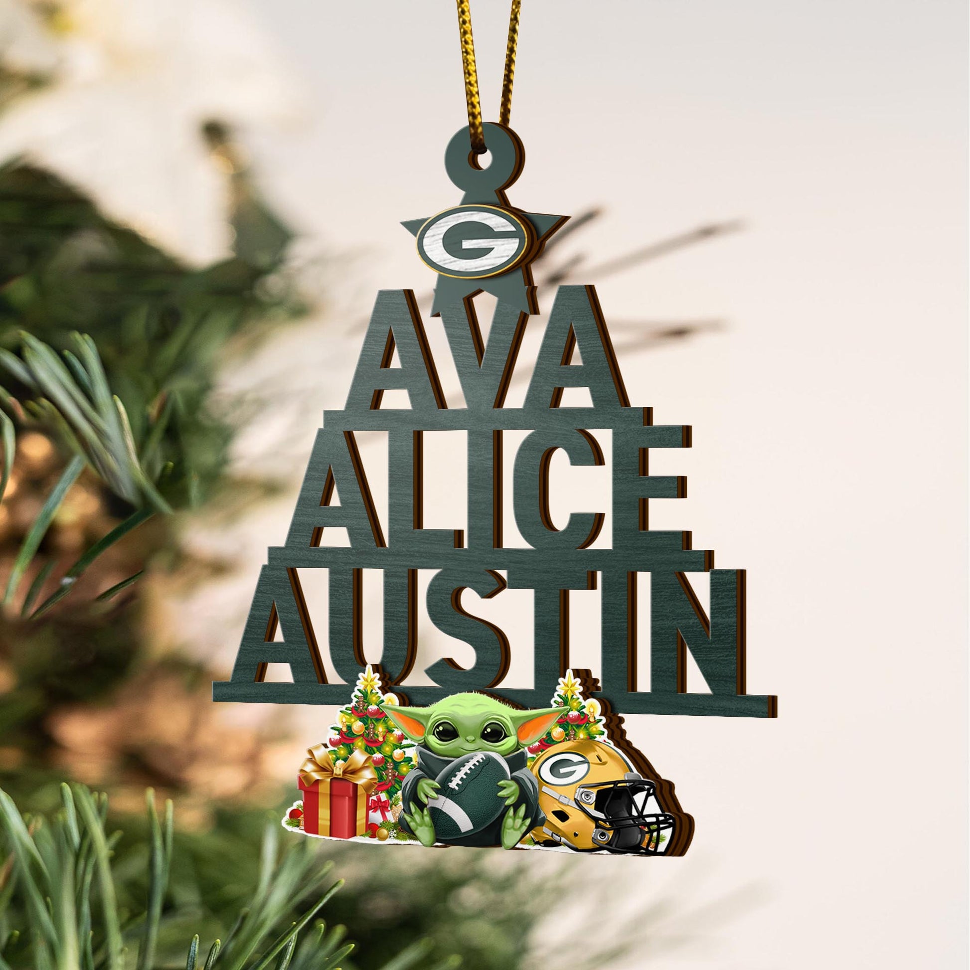 Green Bay Packers 2 Layered Piece Wooden Ornament Custom Your Name And Choose Your Number Of Names, Sport Home Decor, Ornament For Sport Lovers ETRG-52190