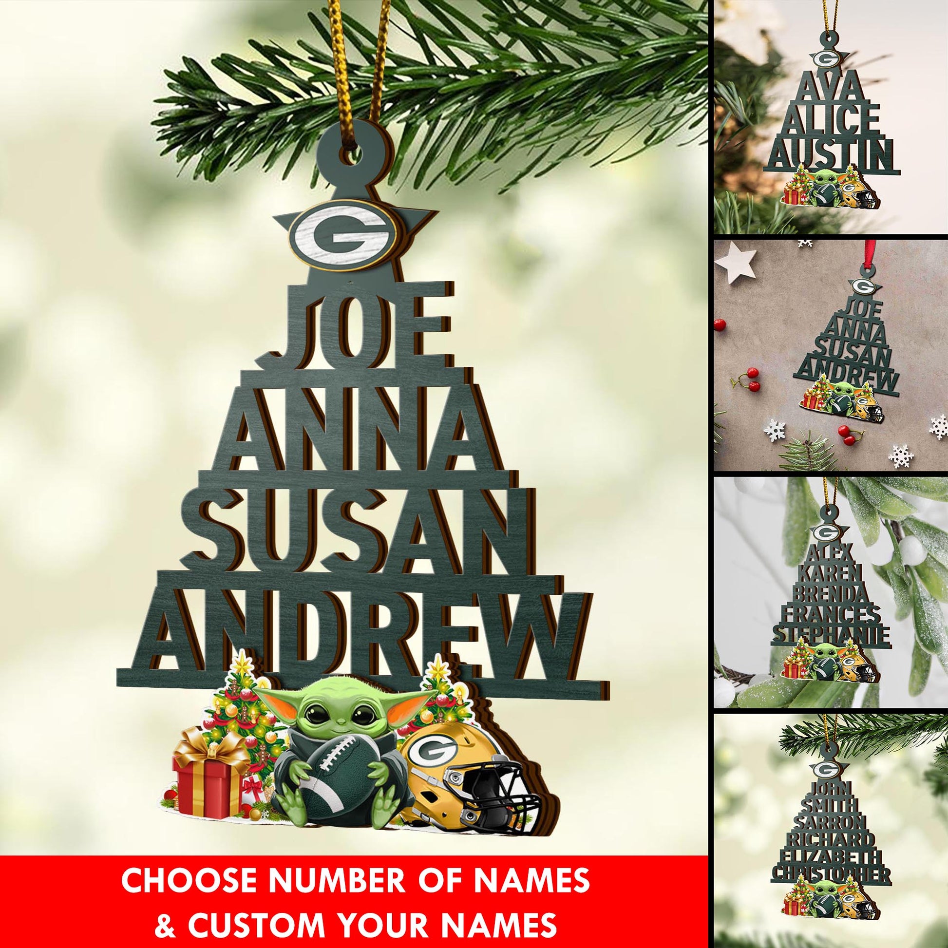 Green Bay Packers 2 Layered Piece Wooden Ornament Custom Your Name And Choose Your Number Of Names, Sport Home Decor, Ornament For Sport Lovers ETRG-52190