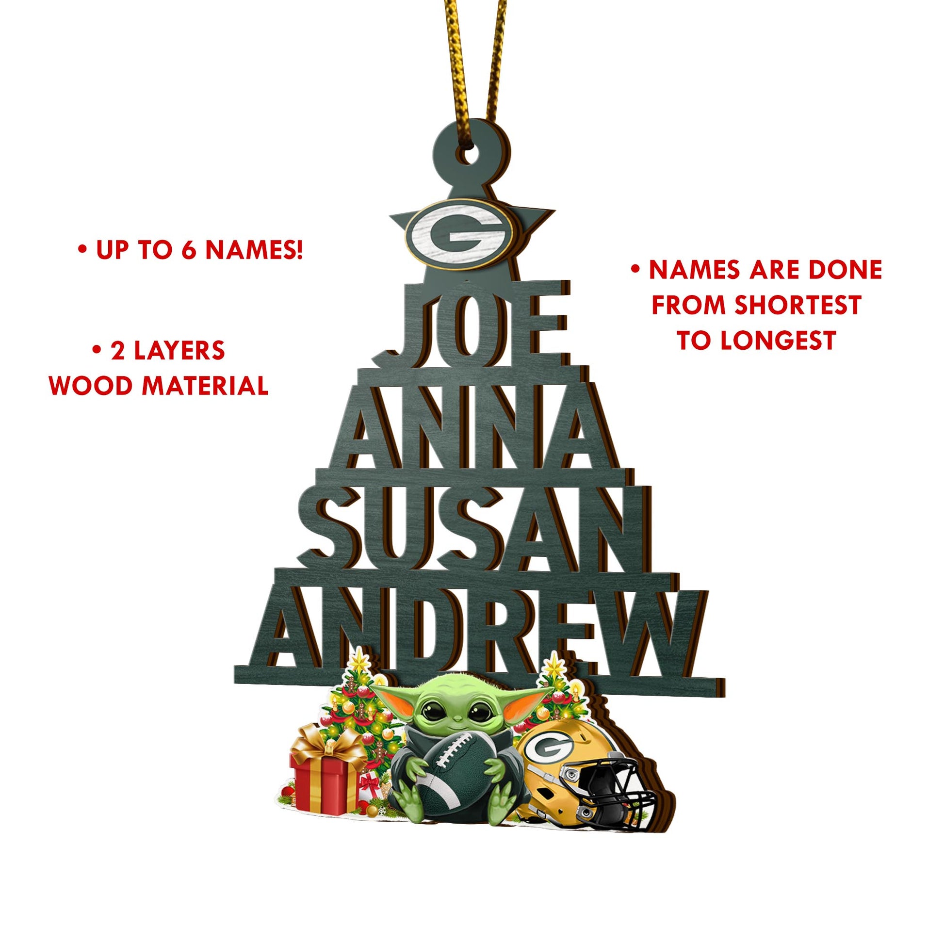 Green Bay Packers 2 Layered Piece Wooden Ornament Custom Your Name And Choose Your Number Of Names, Sport Home Decor, Ornament For Sport Lovers ETRG-52190