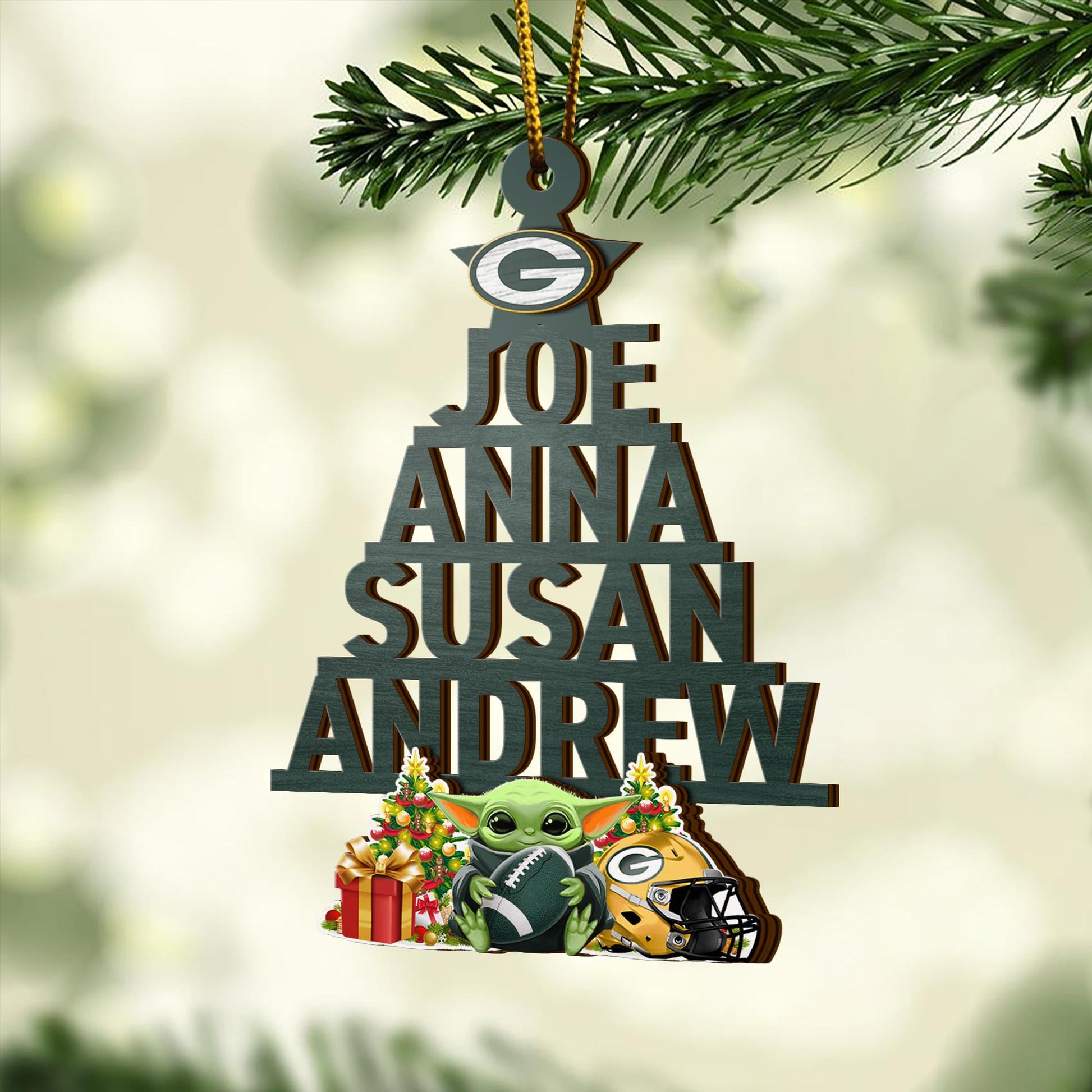 Green Bay Packers 2 Layered Piece Wooden Ornament Custom Your Name And Choose Your Number Of Names, Sport Home Decor, Ornament For Sport Lovers ETRG-52190