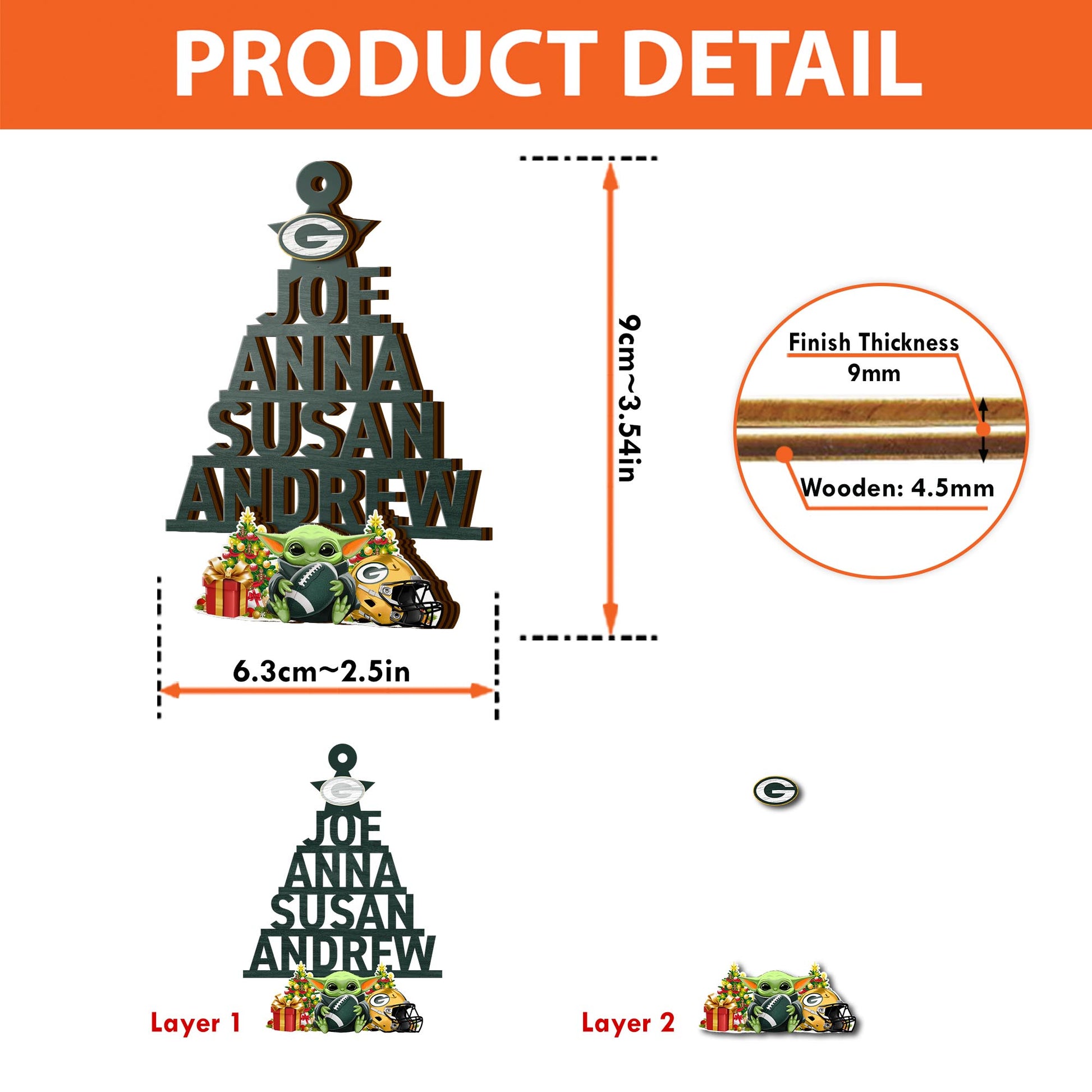 Green Bay Packers 2 Layered Piece Wooden Ornament Custom Your Name And Choose Your Number Of Names, Sport Home Decor, Ornament For Sport Lovers ETRG-52190