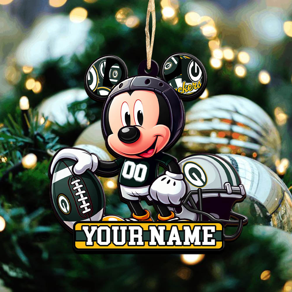 Green Bay Packers 2 Layered Wooden Ornament Personalized Your Name, Football Team And MK Mouse Ornament, Football Lover Gifts ETHY-52624