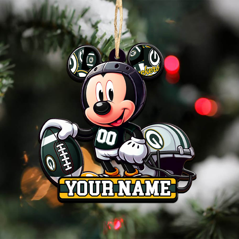 Green Bay Packers 2 Layered Wooden Ornament Personalized Your Name, Football Team And MK Mouse Ornament, Football Lover Gifts ETHY-52624