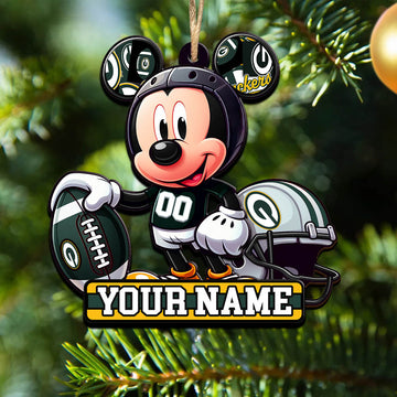 Green Bay Packers 2 Layered Wooden Ornament Personalized Your Name, Football Team And MK Mouse Ornament, Football Lover Gifts ETHY-52624