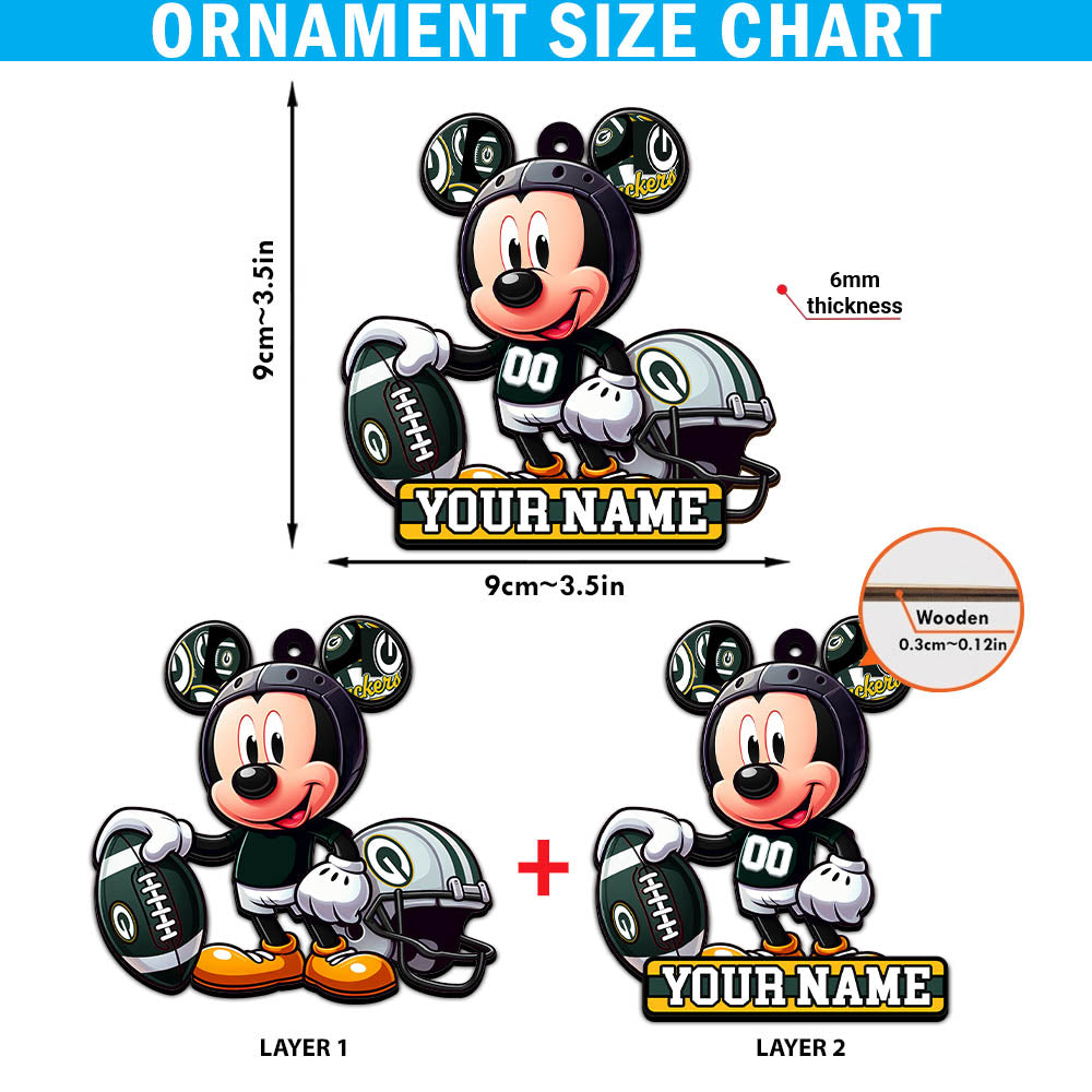 Green Bay Packers 2 Layered Wooden Ornament Personalized Your Name, Football Team And MK Mouse Ornament, Football Lover Gifts ETHY-52624