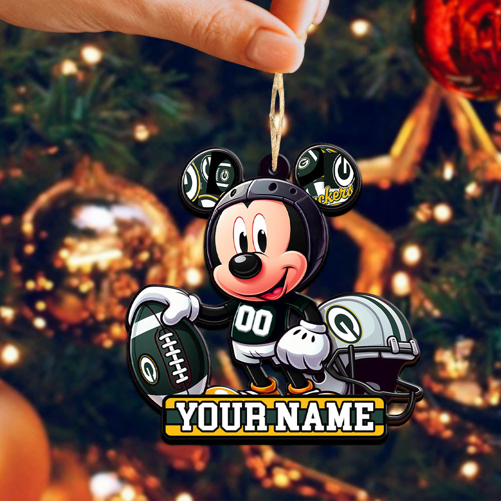 Green Bay Packers 2 Layered Wooden Ornament Personalized Your Name, Football Team And MK Mouse Ornament, Football Lover Gifts ETHY-52624