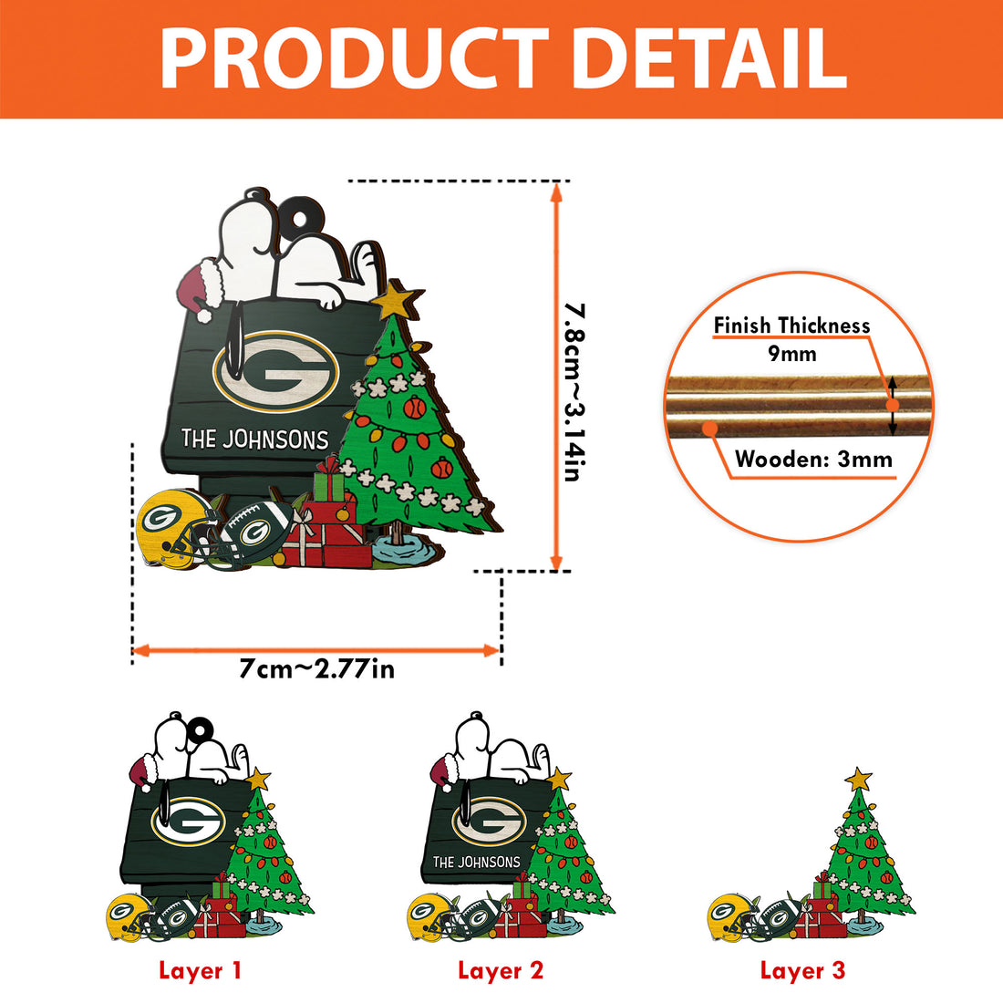Green Bay Packers 3 Layered Piece Wooden Ornament Custom Name, Sport Team And SN Ornament, Sport Gifts ETRG-52222