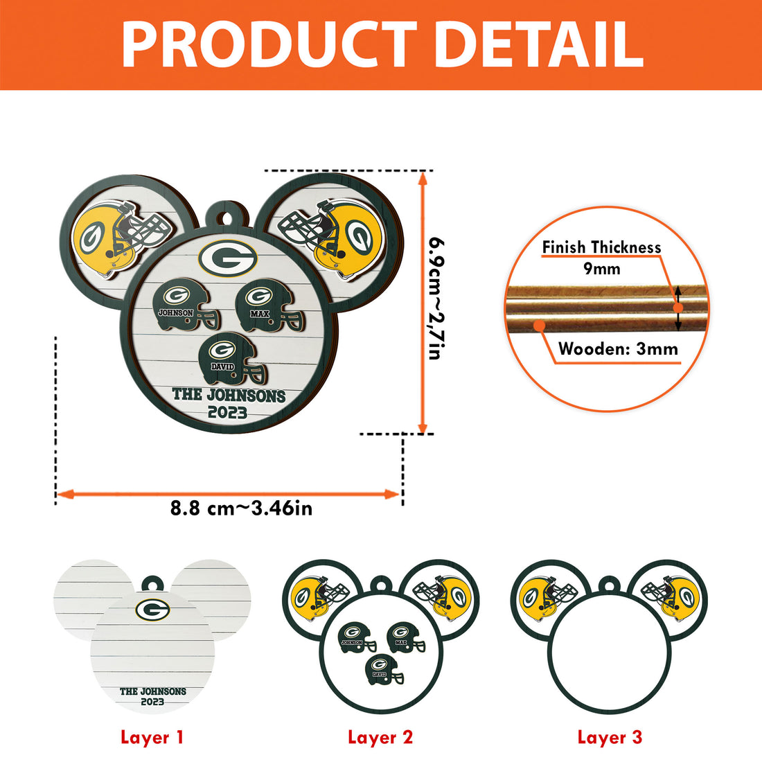 Green Bay Packers 3 Layered Piece Wooden Ornament Custom Your Family Name And Choose Your Number Of Names, Sport Decorations, Ornament For Sport Lover ETRG-52267