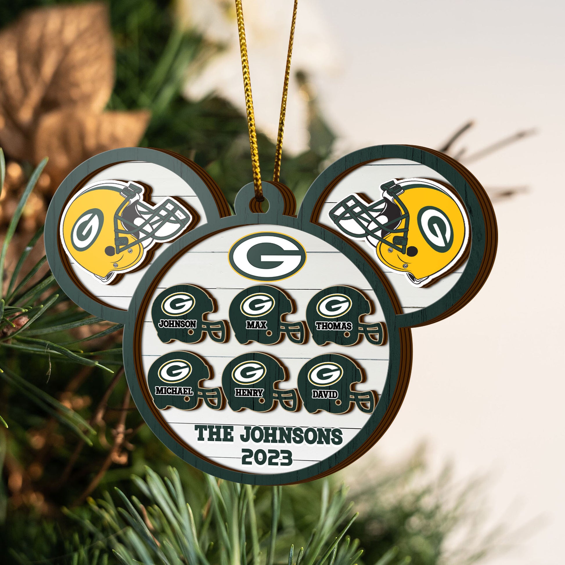 Green Bay Packers 3 Layered Piece Wooden Ornament Custom Your Family Name And Choose Your Number Of Names, Sport Decorations, Ornament For Sport Lover ETRG-52267
