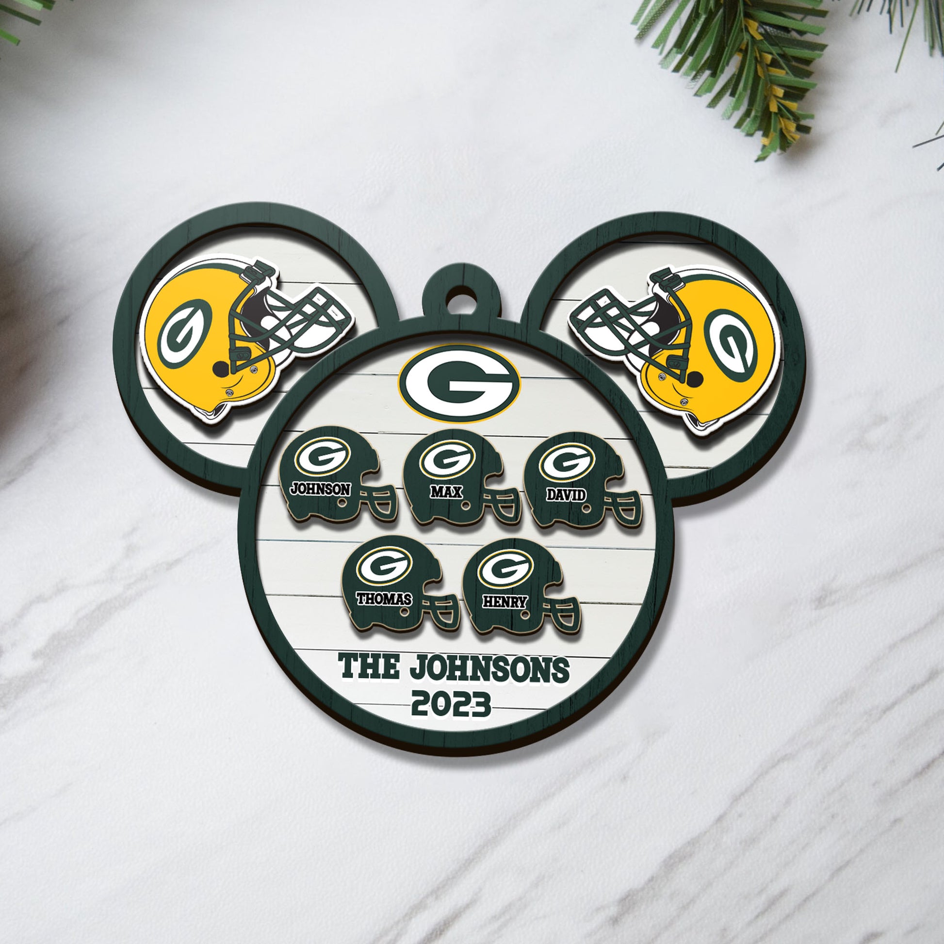 Green Bay Packers 3 Layered Piece Wooden Ornament Custom Your Family Name And Choose Your Number Of Names, Sport Decorations, Ornament For Sport Lover ETRG-52267