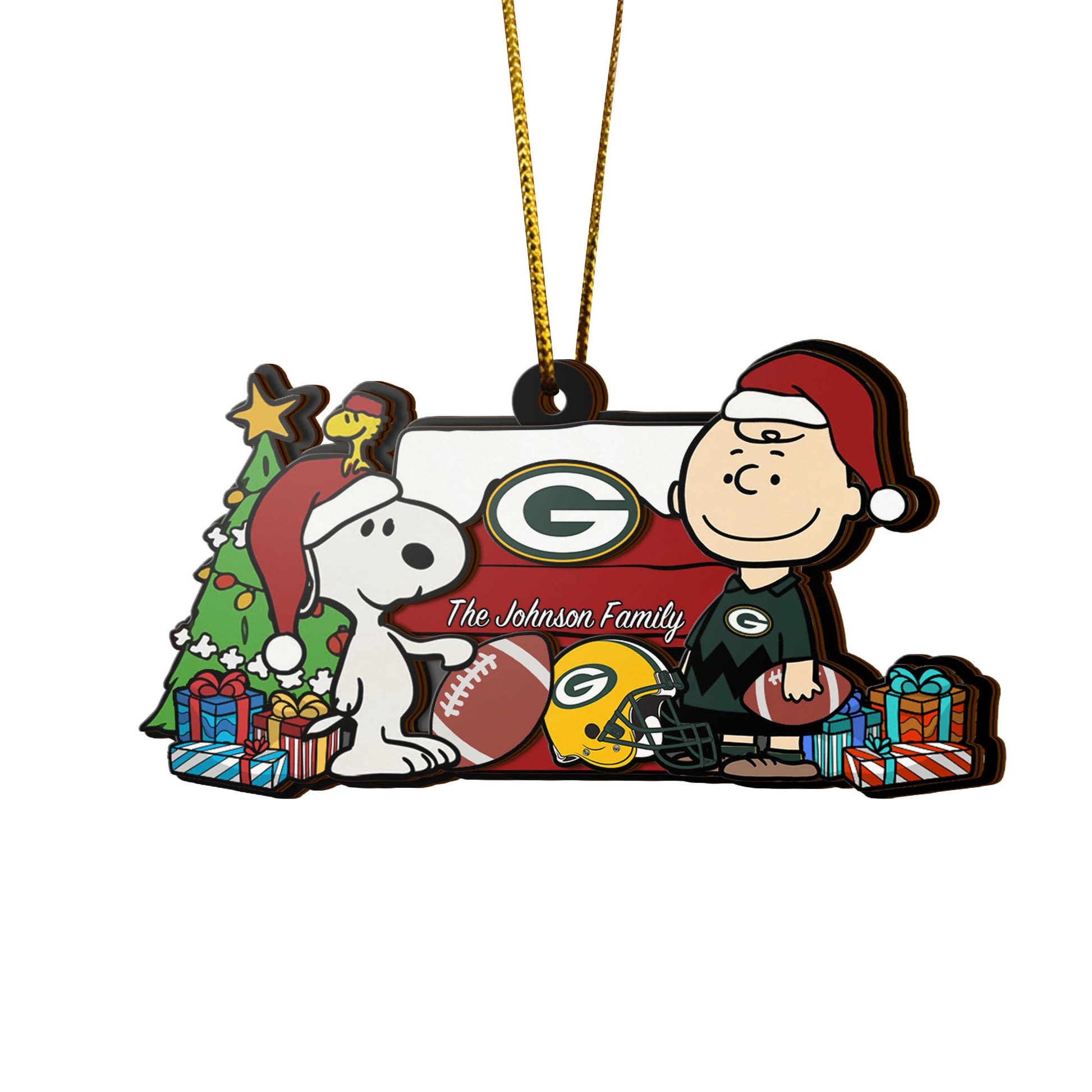 Green Bay Packers 3 Layered Piece Wooden Ornament Custom Your Family Name, SN And Charlie Brown Ornament, Gift For Sport Lovers, Sport Hanging Decorations EHIVM-52349