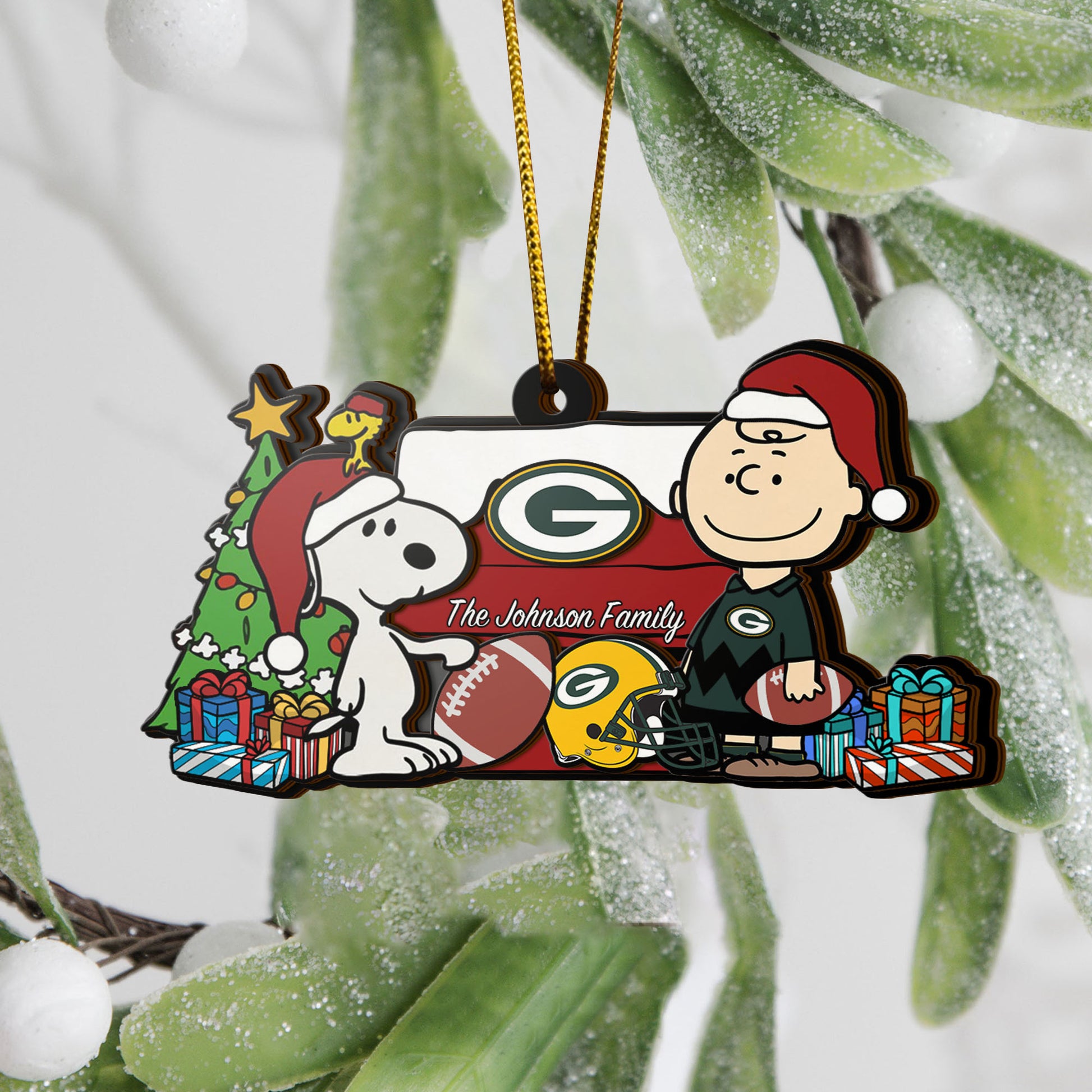 Green Bay Packers 3 Layered Piece Wooden Ornament Custom Your Family Name, SN And Charlie Brown Ornament, Gift For Sport Lovers, Sport Hanging Decorations EHIVM-52349
