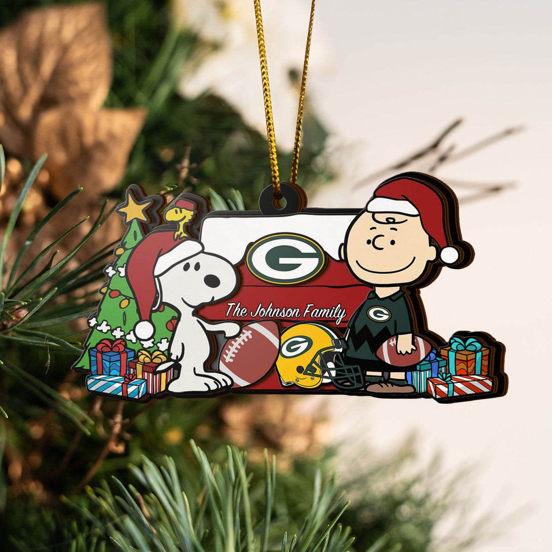 Green Bay Packers 3 Layered Piece Wooden Ornament Custom Your Family Name, SN And Charlie Brown Ornament, Gift For Sport Lovers, Sport Hanging Decorations EHIVM-52349