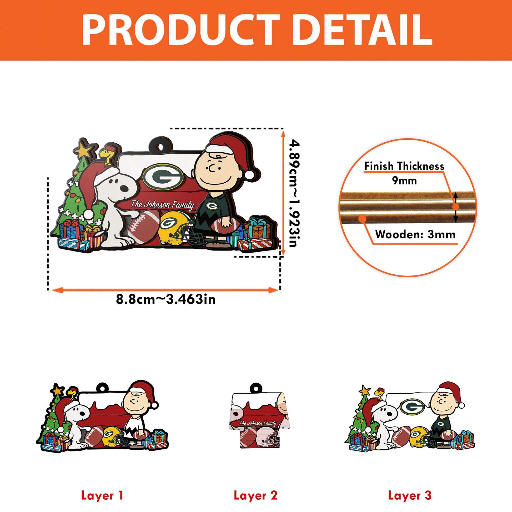 Green Bay Packers 3 Layered Piece Wooden Ornament Custom Your Family Name, SN And Charlie Brown Ornament, Gift For Sport Lovers, Sport Hanging Decorations EHIVM-52349