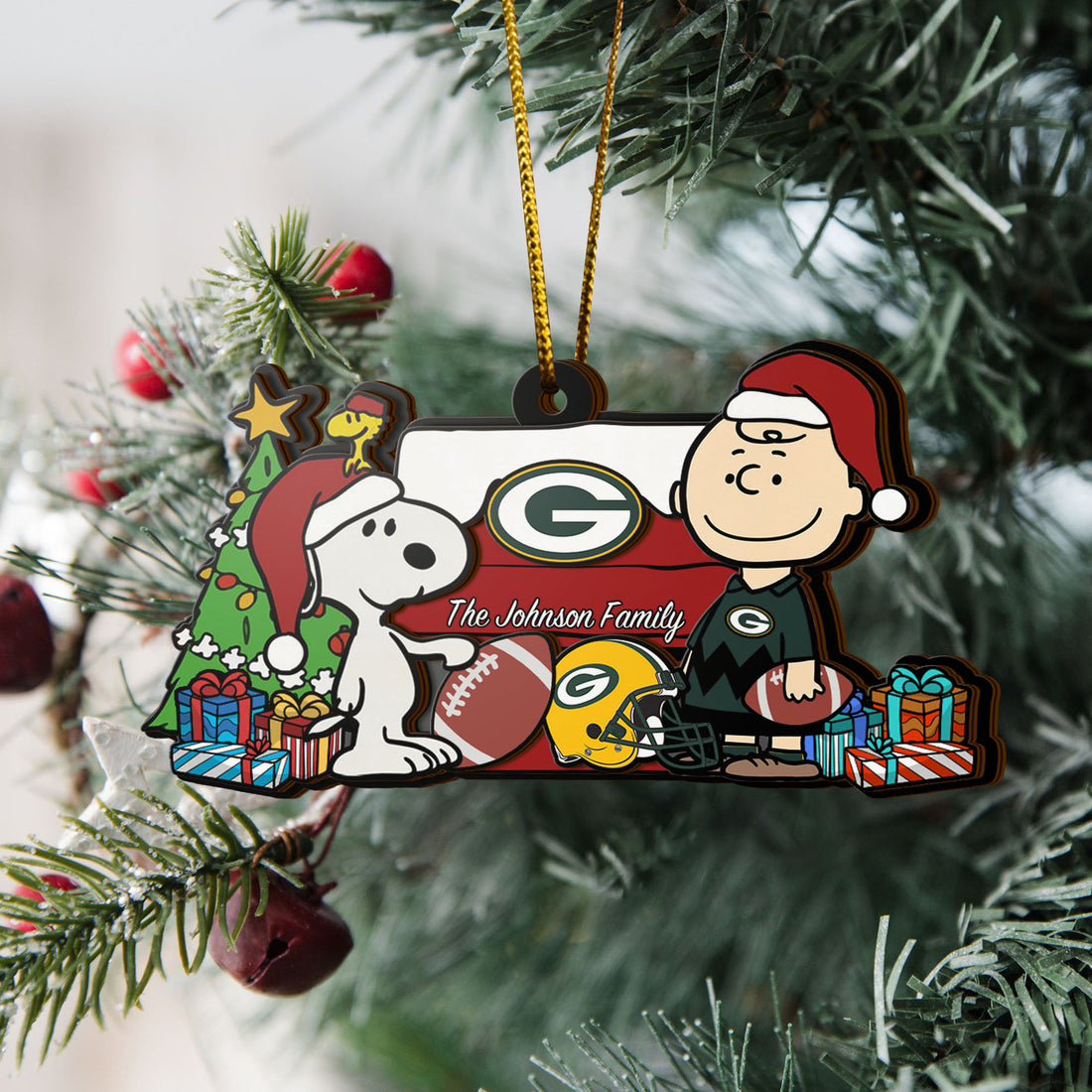 Green Bay Packers 3 Layered Piece Wooden Ornament Custom Your Family Name, SN And Charlie Brown Ornament, Gift For Sport Lovers, Sport Hanging Decorations EHIVM-52349