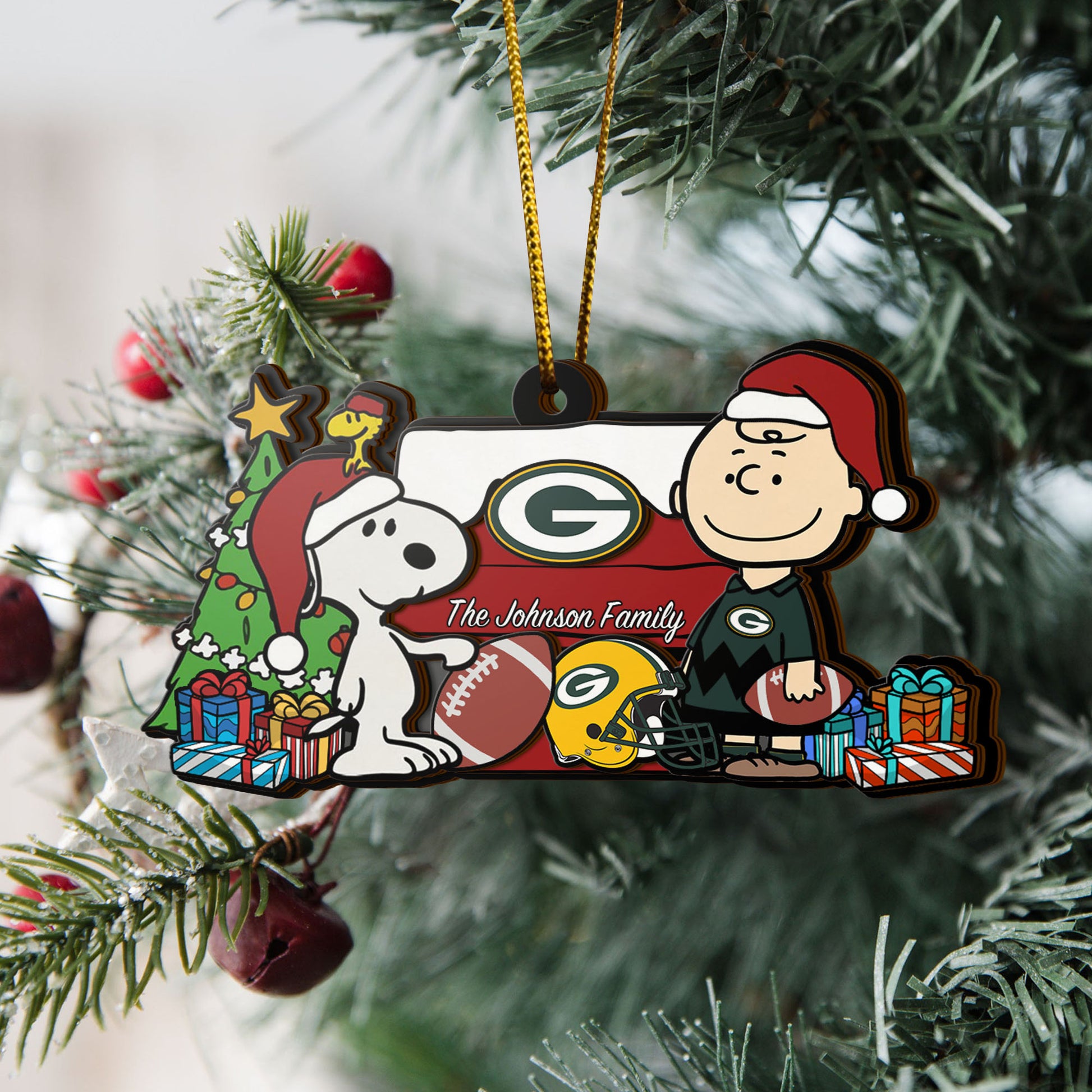 Green Bay Packers 3 Layered Piece Wooden Ornament Custom Your Family Name, SN And Charlie Brown Ornament, Gift For Sport Lovers, Sport Hanging Decorations EHIVM-52349