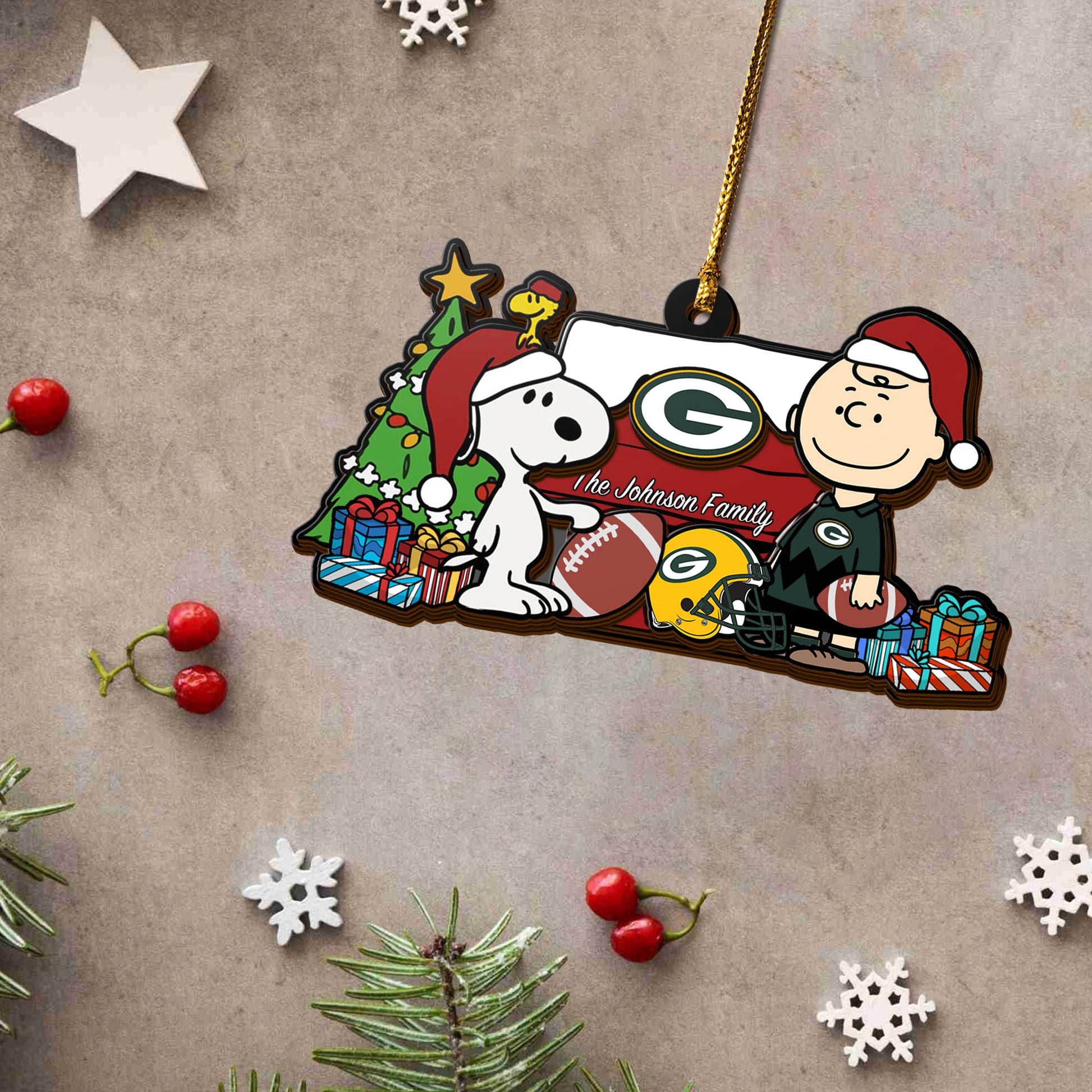 Green Bay Packers 3 Layered Piece Wooden Ornament Custom Your Family Name, SN And Charlie Brown Ornament, Gift For Sport Lovers, Sport Hanging Decorations EHIVM-52349
