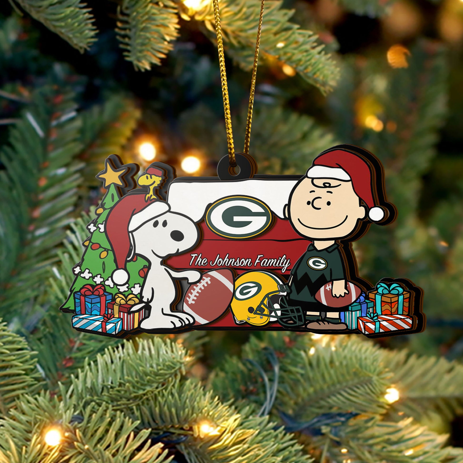 Green Bay Packers 3 Layered Piece Wooden Ornament Custom Your Family Name, SN And Charlie Brown Ornament, Gift For Sport Lovers, Sport Hanging Decorations EHIVM-52349