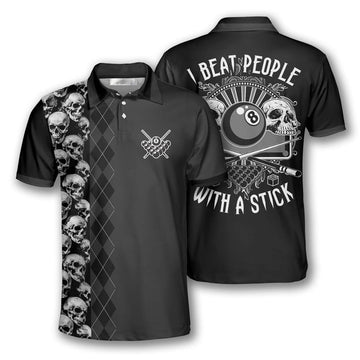 Billiard I Beat People With A Stick Pool Player Skull Argyle Pattern Billiard Polo Shirt, Custom Billiard Shirts for Team, Billiard Polo Shirts