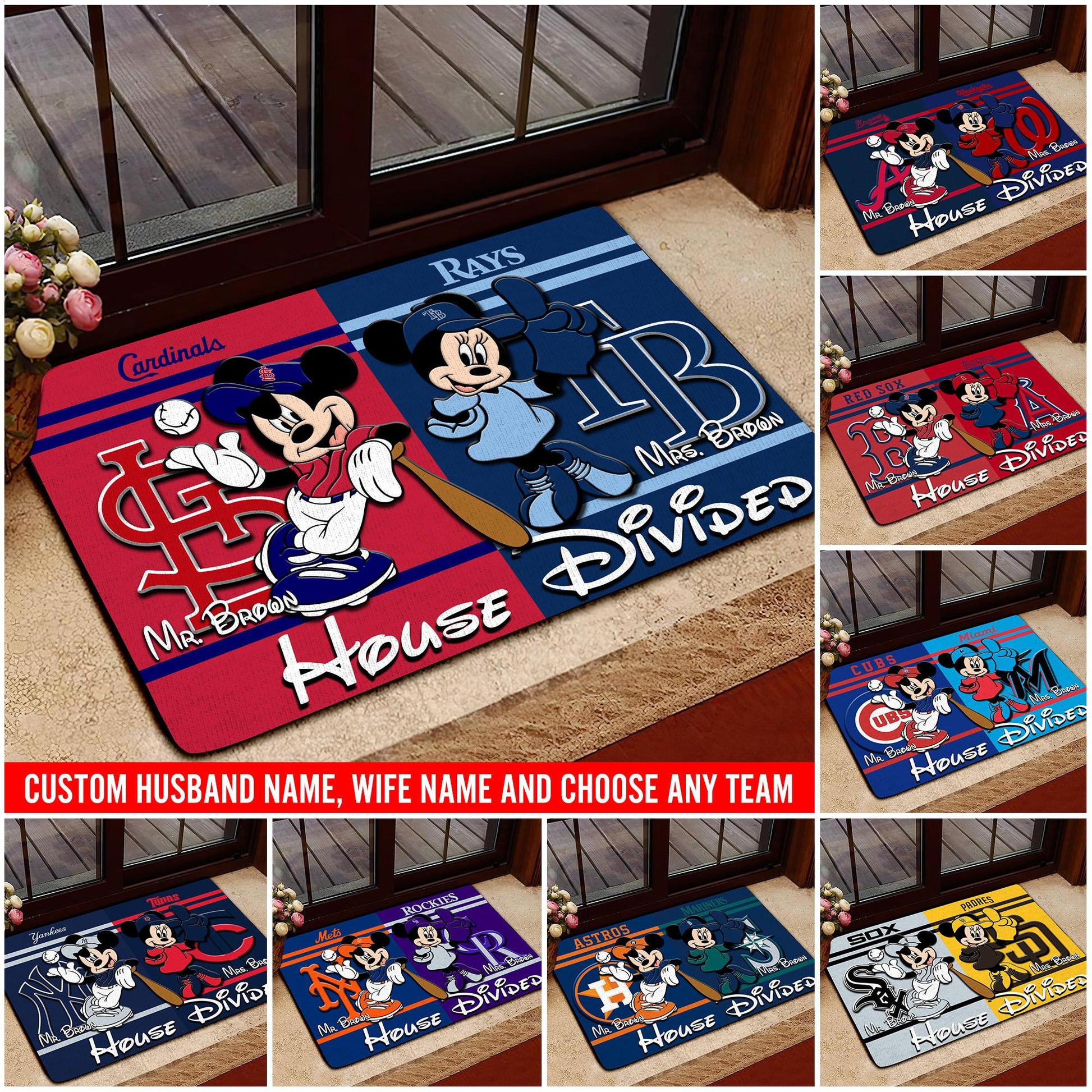 House Divided Doormat Custom Husband Name, Wife Name And Choose Any Team, Sport Team Doormat, Home Decorations
