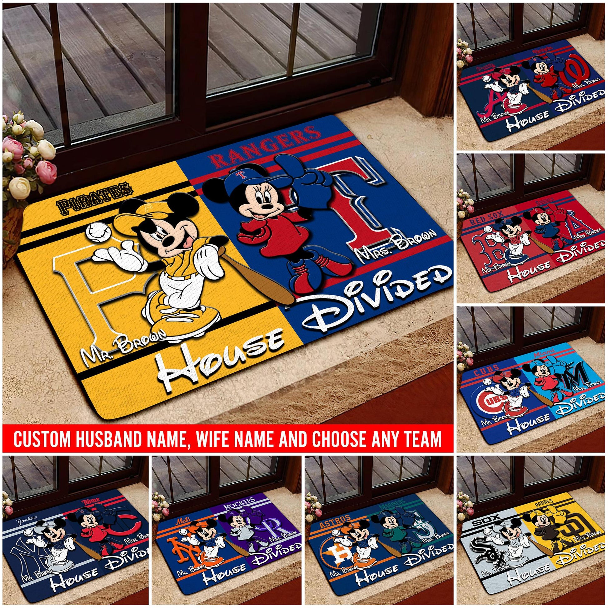 House Divided Doormat Custom Husband Name, Wife Name And Choose Any Team, Sport Team Doormat, Home Decorations