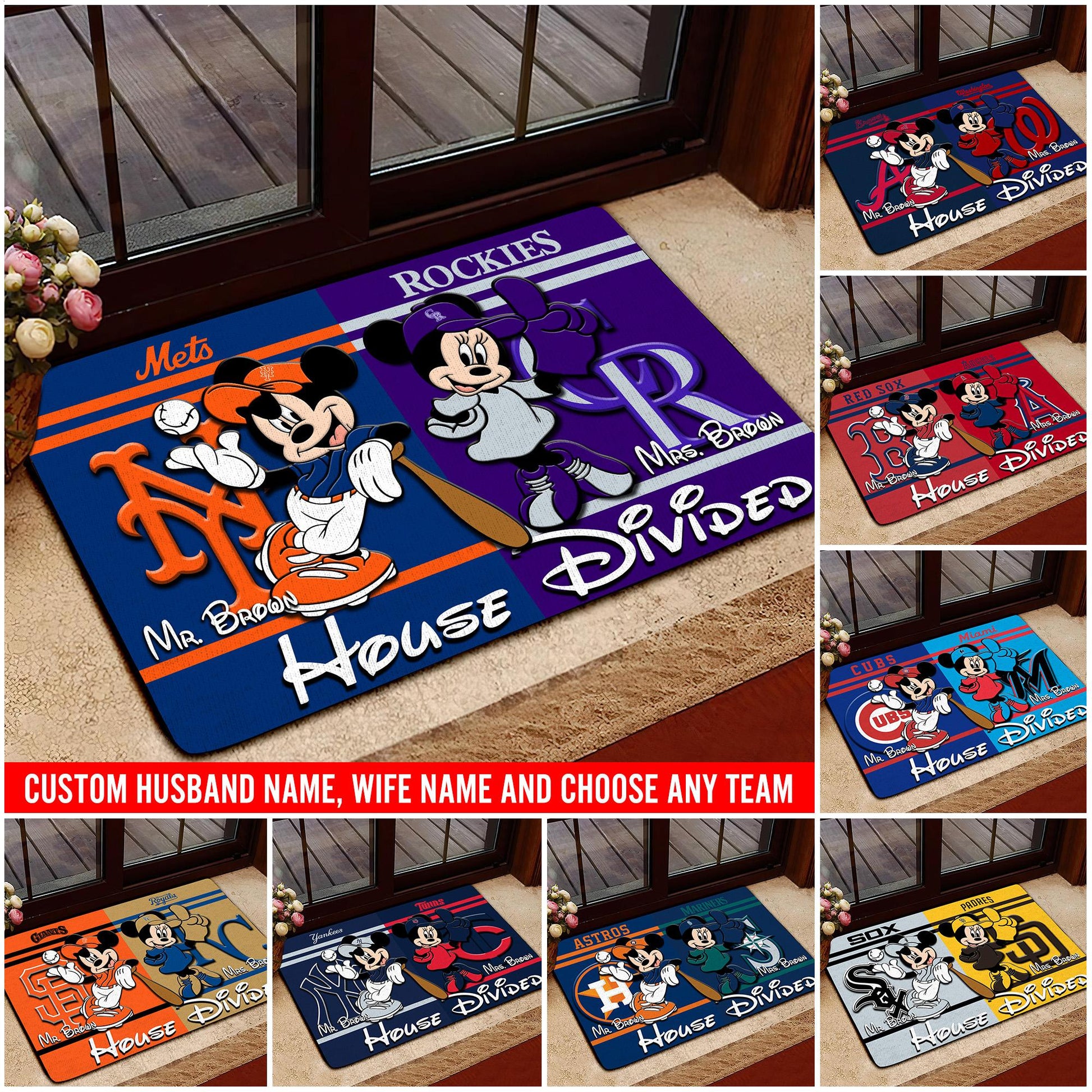 House Divided Doormat Custom Husband Name, Wife Name And Choose Any Team, Sport Team Doormat, Home Decorations