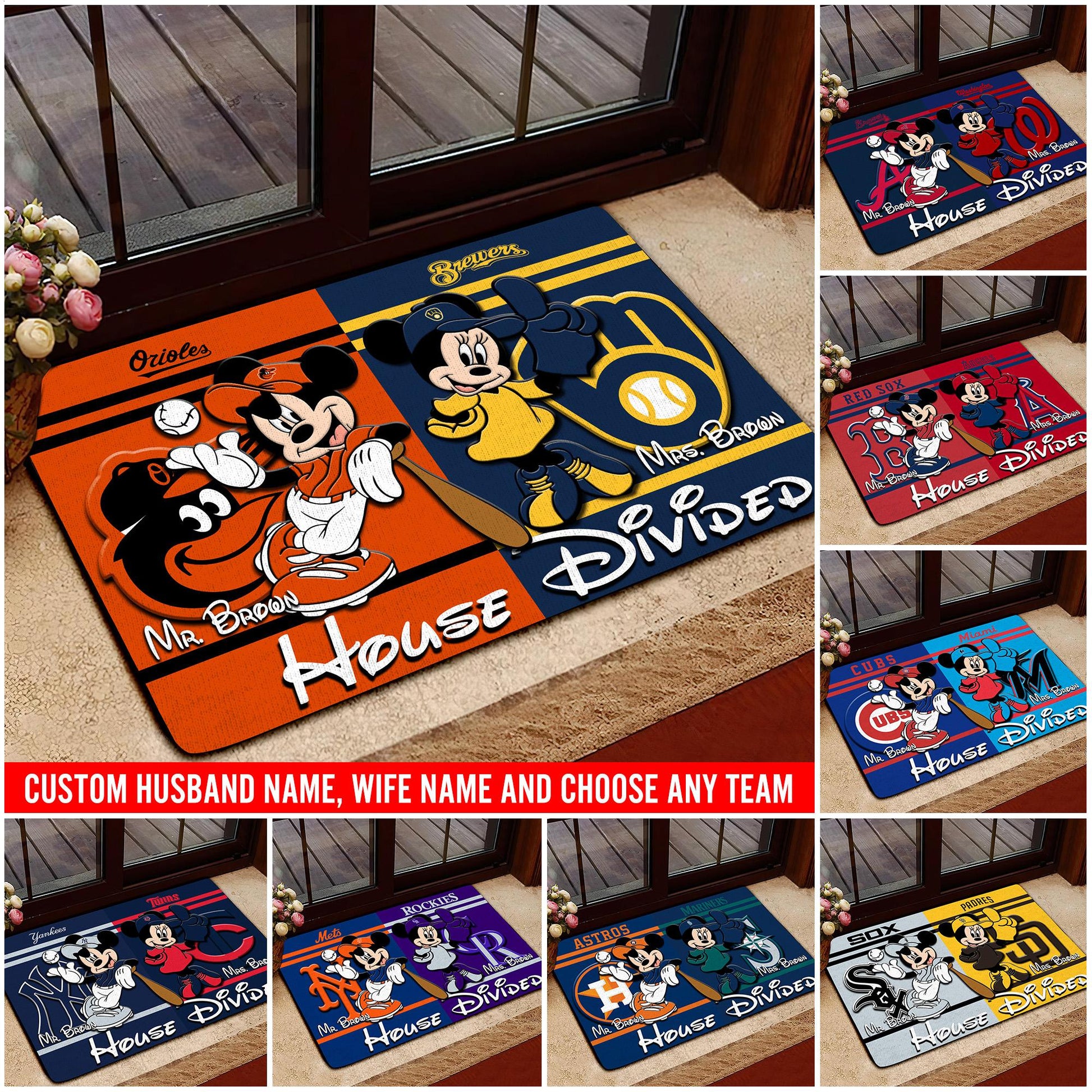 House Divided Doormat Custom Husband Name, Wife Name And Choose Any Team, Sport Team Doormat, Home Decorations