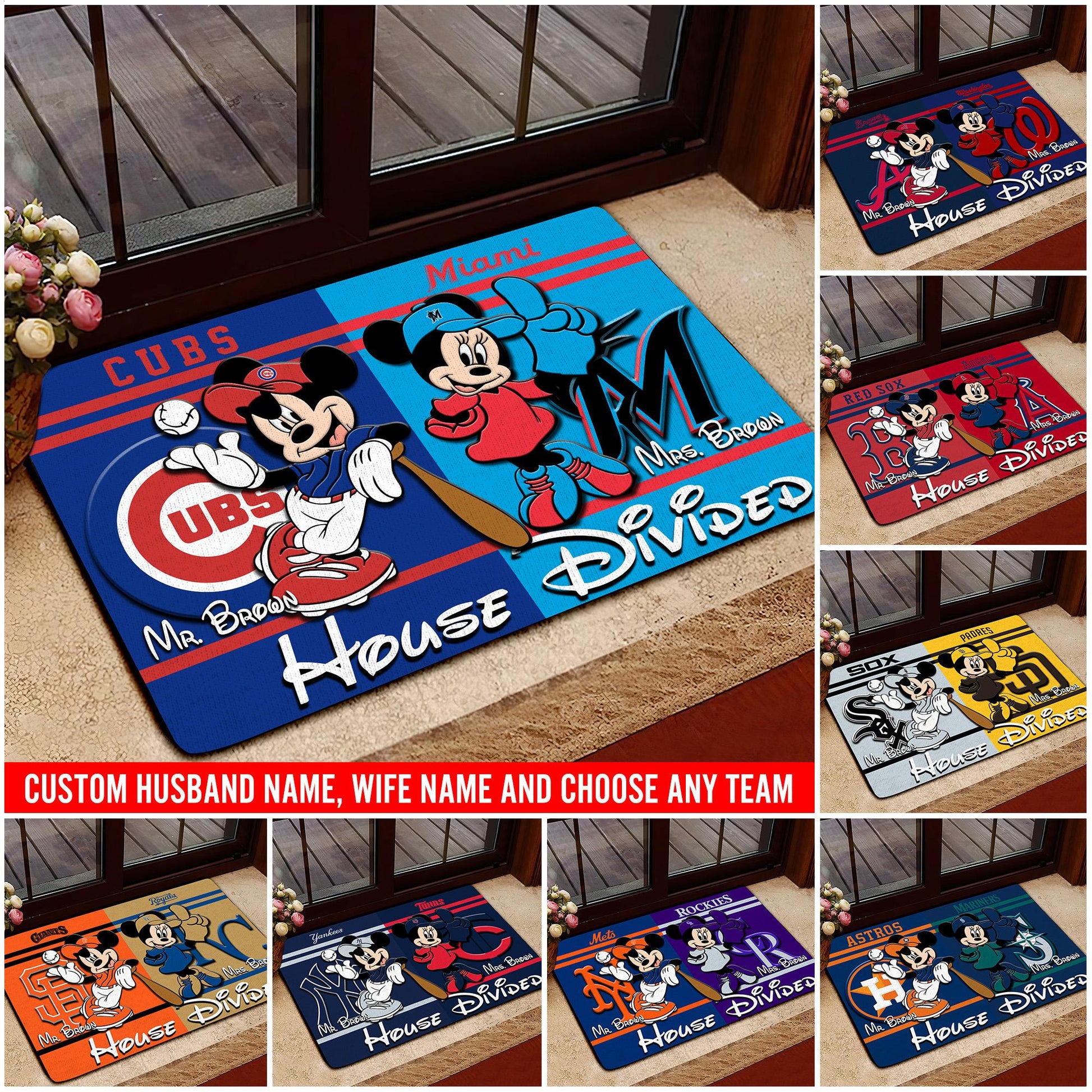 House Divided Doormat Custom Husband Name, Wife Name And Choose Any Team, Sport Team Doormat, Home Decorations