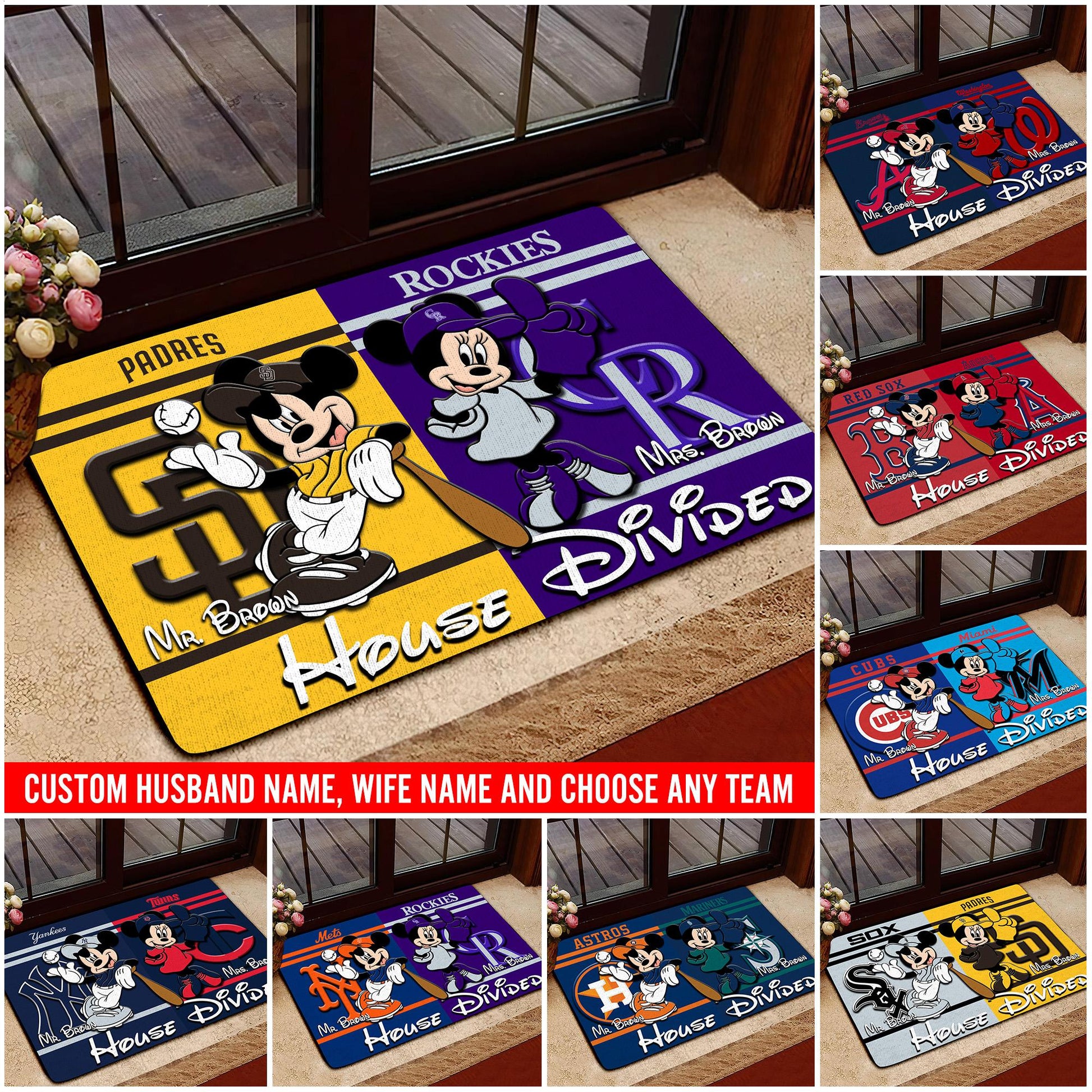 House Divided Doormat Custom Husband Name, Wife Name And Choose Any Team, Sport Team Doormat, Home Decorations