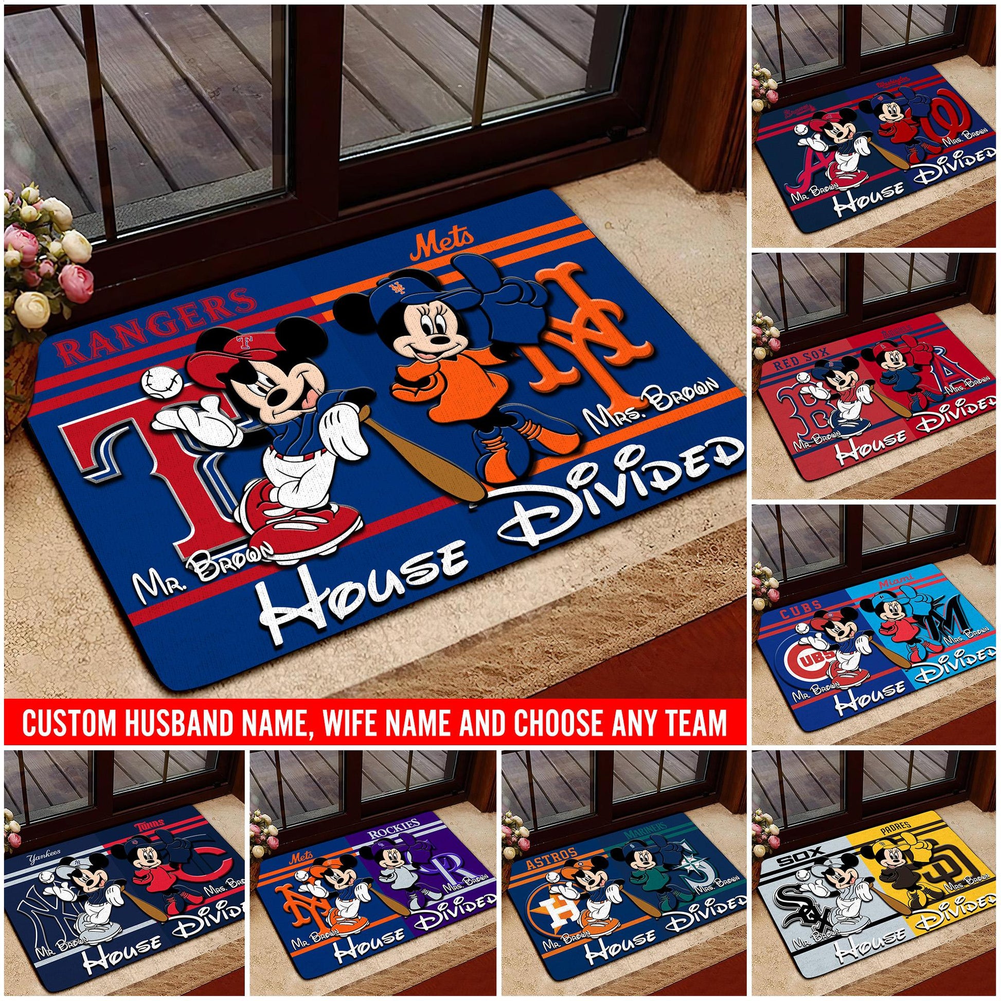 House Divided Doormat Custom Husband Name, Wife Name And Choose Any Team, Sport Team Doormat, Home Decorations