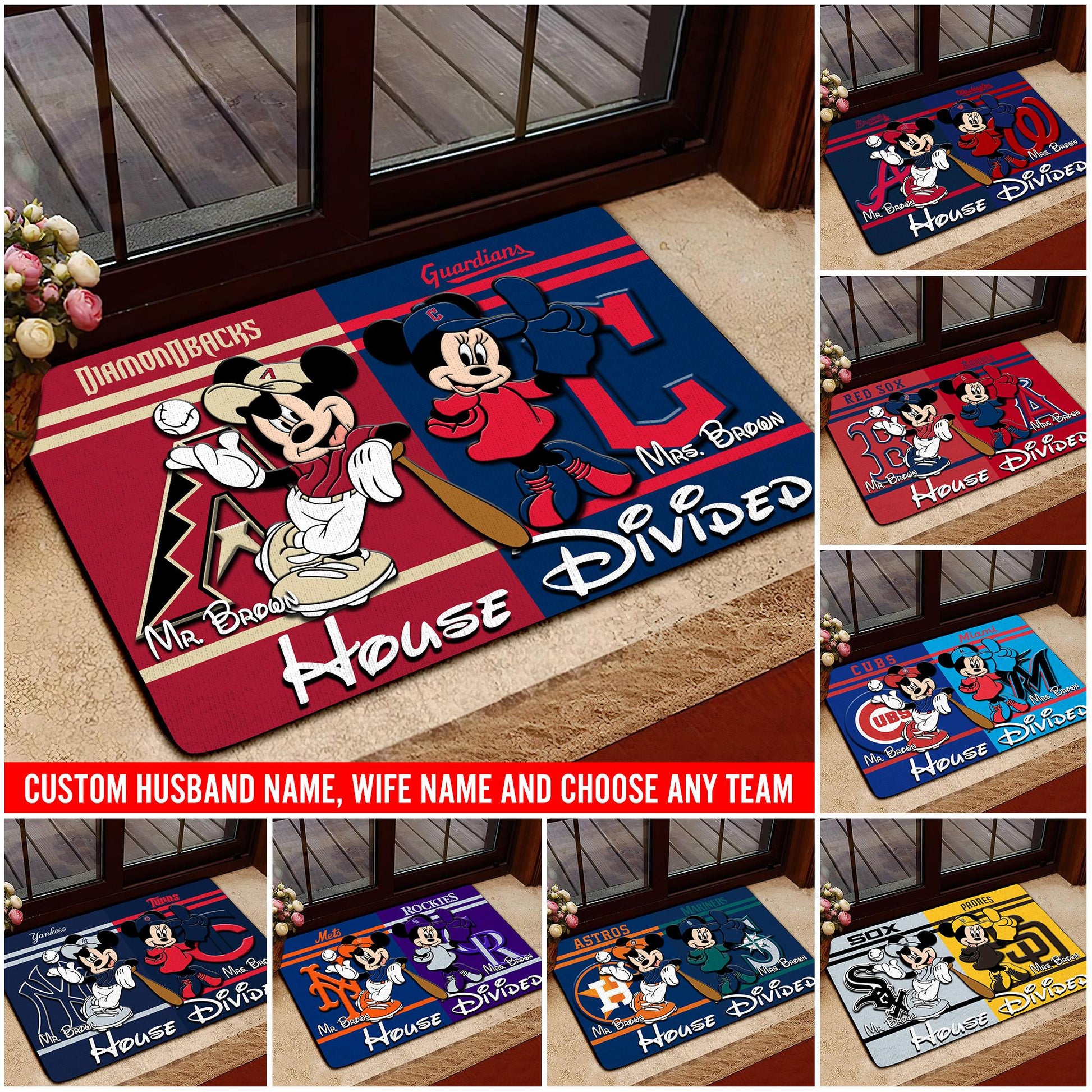 House Divided Doormat Custom Husband Name, Wife Name And Choose Any Team, Sport Team Doormat, Home Decorations