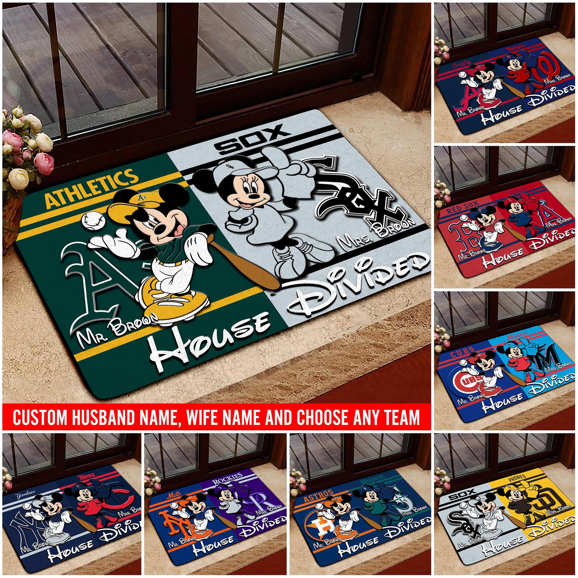 House Divided Doormat Custom Husband Name, Wife Name And Choose Any Team, Sport Team Doormat, Home Decorations