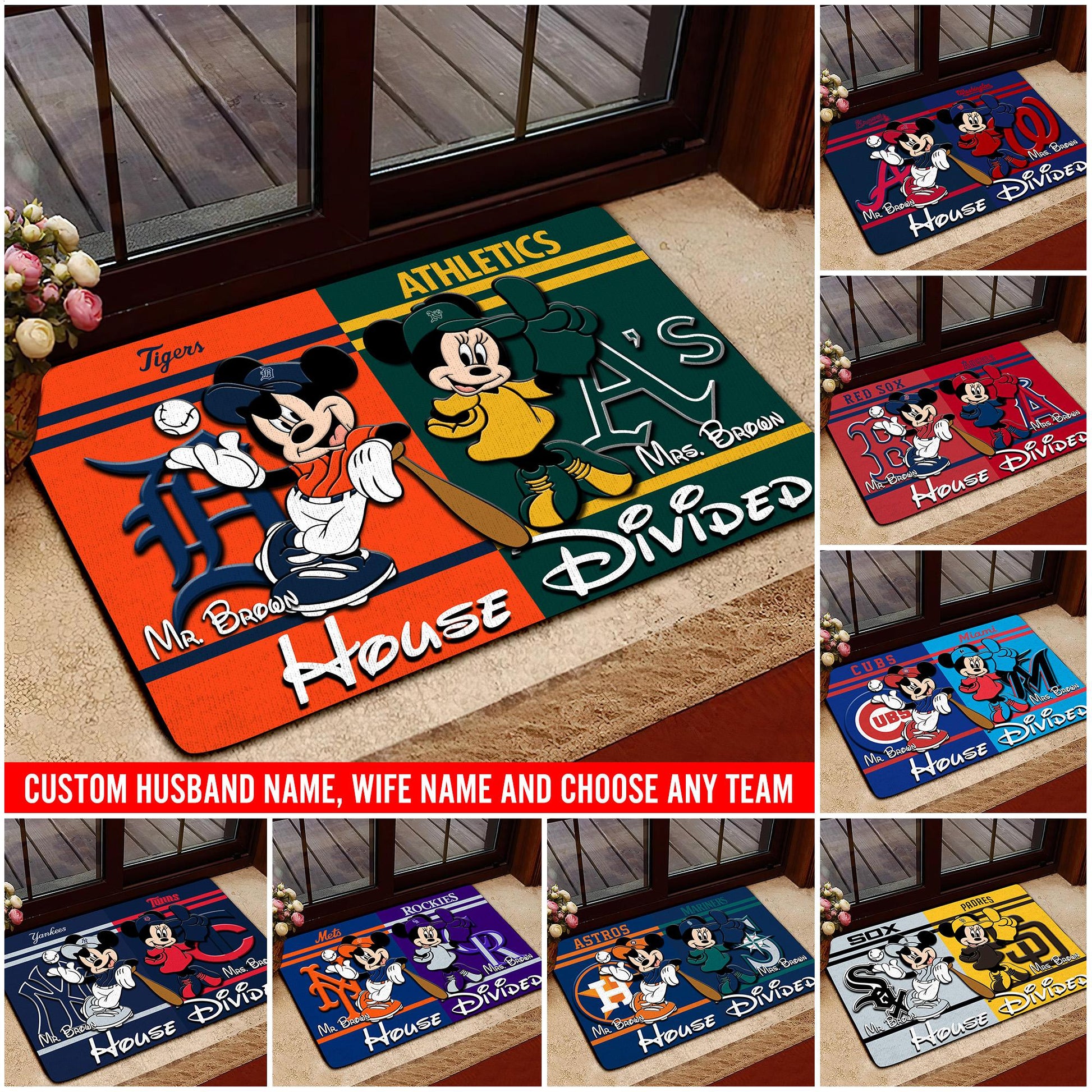 House Divided Doormat Custom Husband Name, Wife Name And Choose Any Team, Sport Team Doormat, Home Decorations