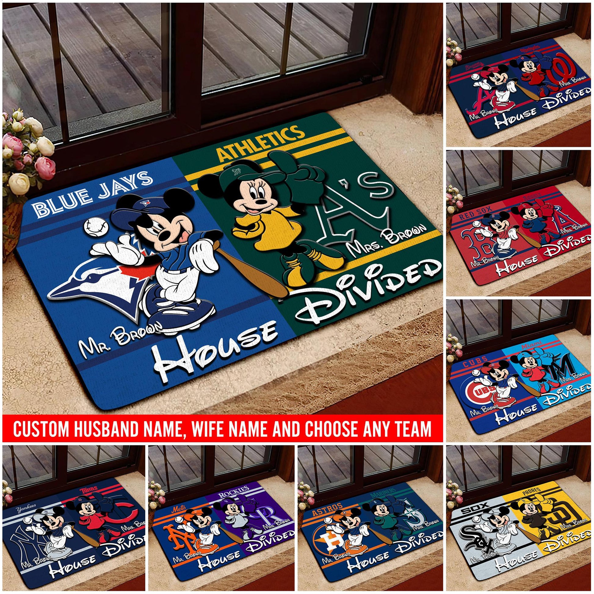 House Divided Doormat Custom Husband Name, Wife Name And Choose Any Team, Sport Team Doormat, Home Decorations