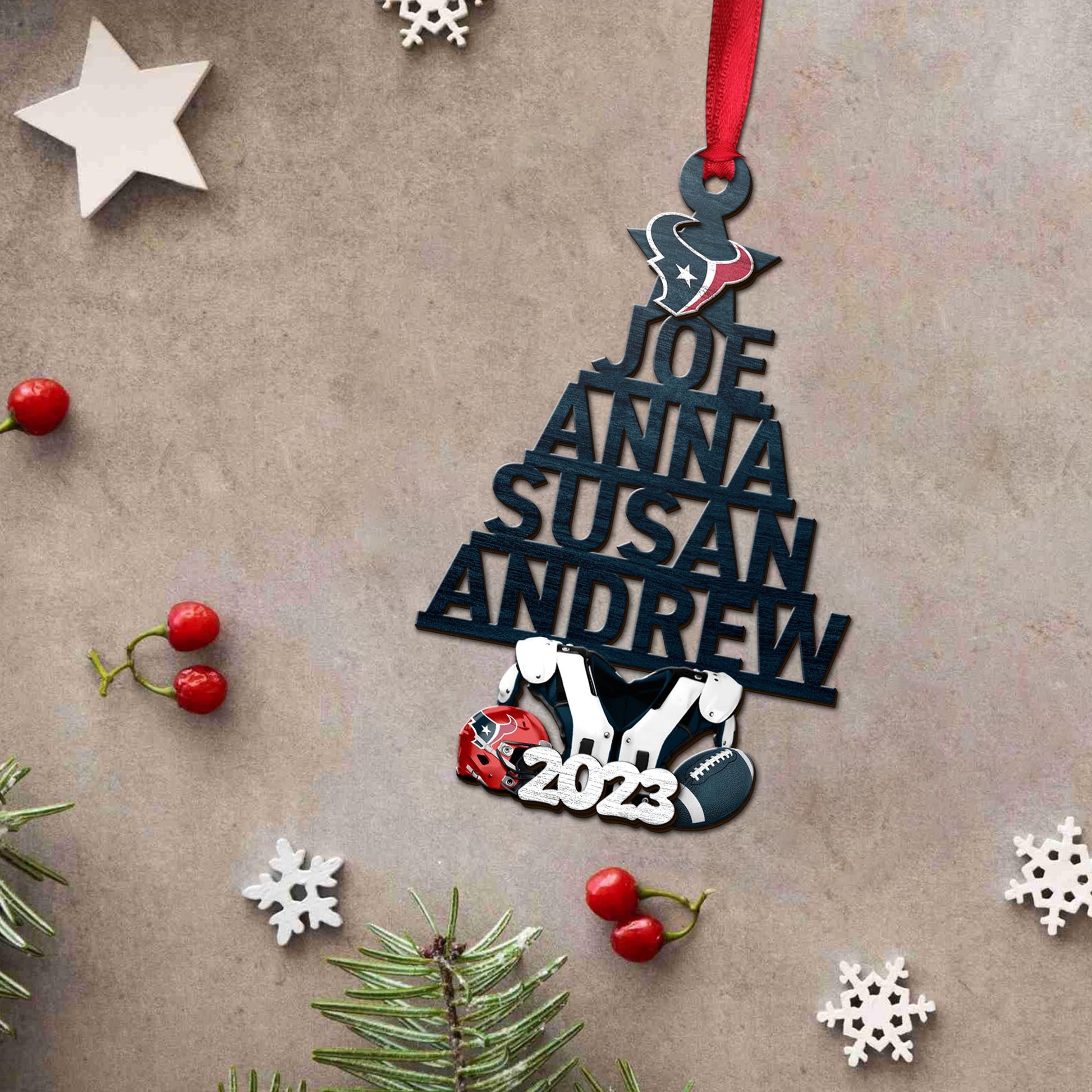 Houston Texans 2 Layered Piece Wooden Ornament Custom Names And Choose Number Of Names, Sport Team And Christmas Tree Ornament ETRG-52211