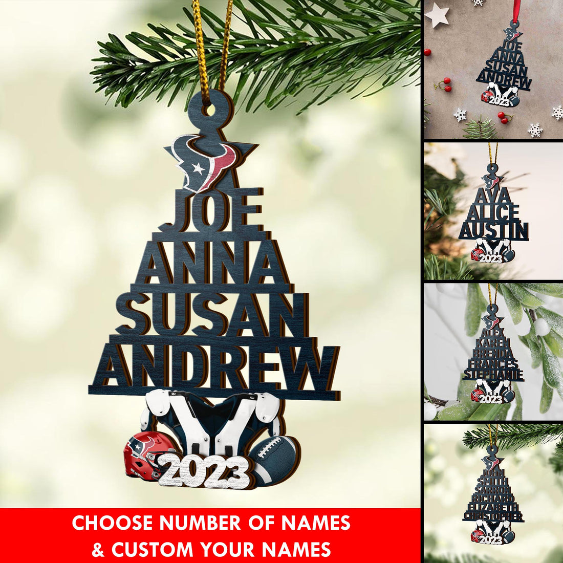 Houston Texans 2 Layered Piece Wooden Ornament Custom Names And Choose Number Of Names, Sport Team And Christmas Tree Ornament ETRG-52211