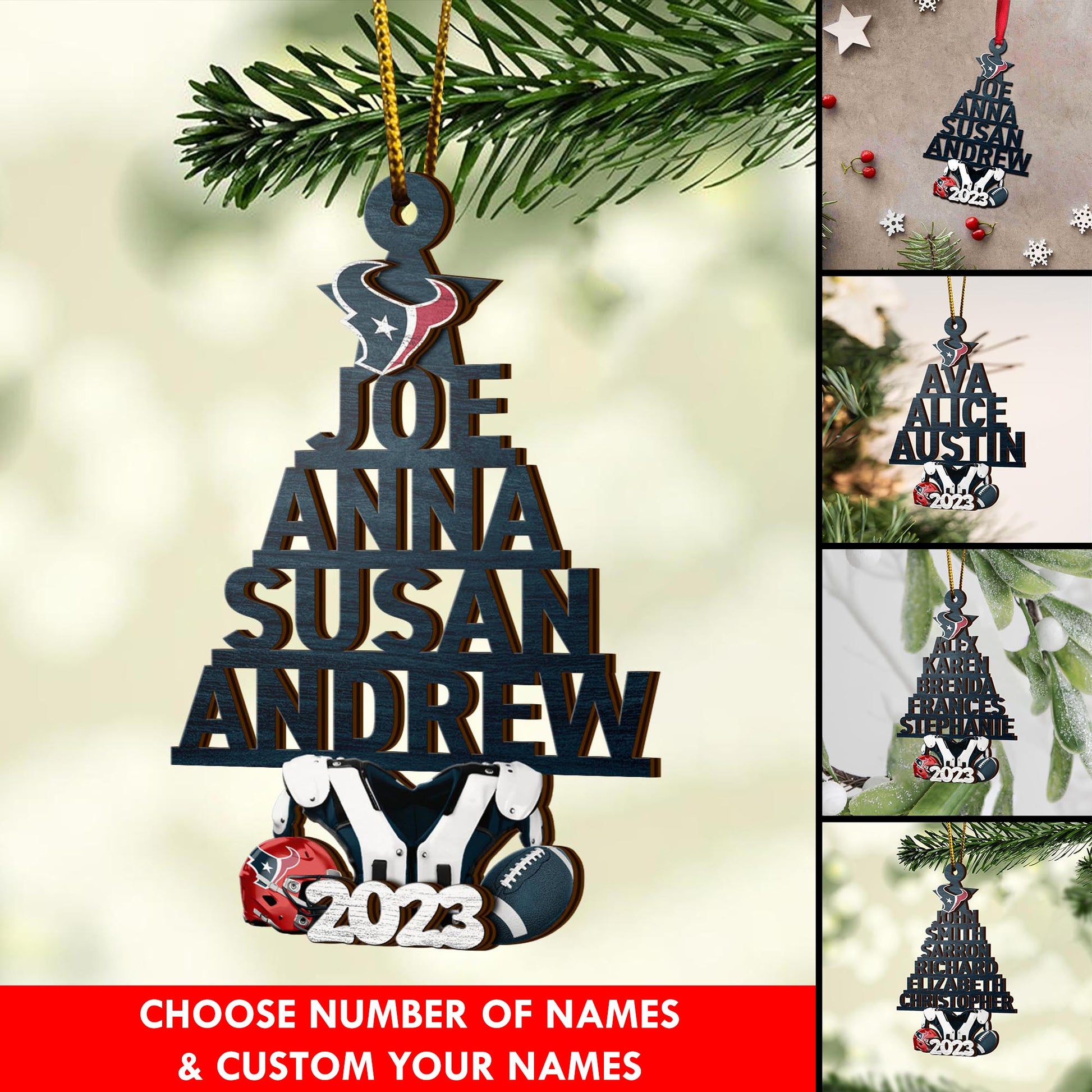 Houston Texans 2 Layered Piece Wooden Ornament Custom Names And Choose Number Of Names, Sport Team And Christmas Tree Ornament ETRG-52211
